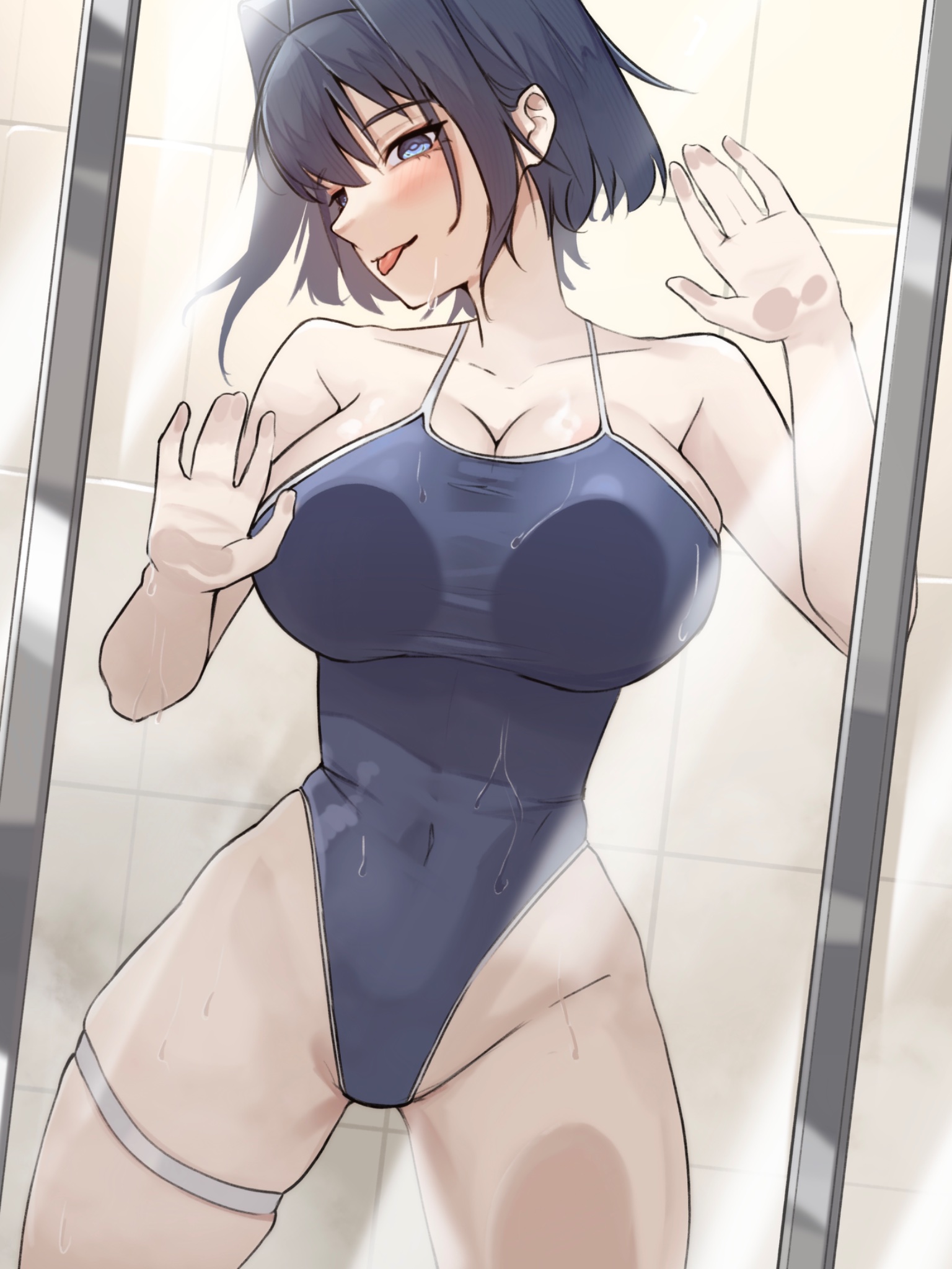 1girls, against glass, blue eyes, blue hair, blue one-piece swimsuit, breast press, breasts, breasts on glass, competition swimsuit, female, hair intakes, hand on glass, highleg, highleg one-piece swimsuit, highres, hololive, hololive english, hololive english -council-, hololive english -promise-, large breasts, nurizza ilst, one-piece swimsuit, ouro kronii, shower (place), showering, swimsuit, tile wall, tiles, virtual youtuber, vtuber