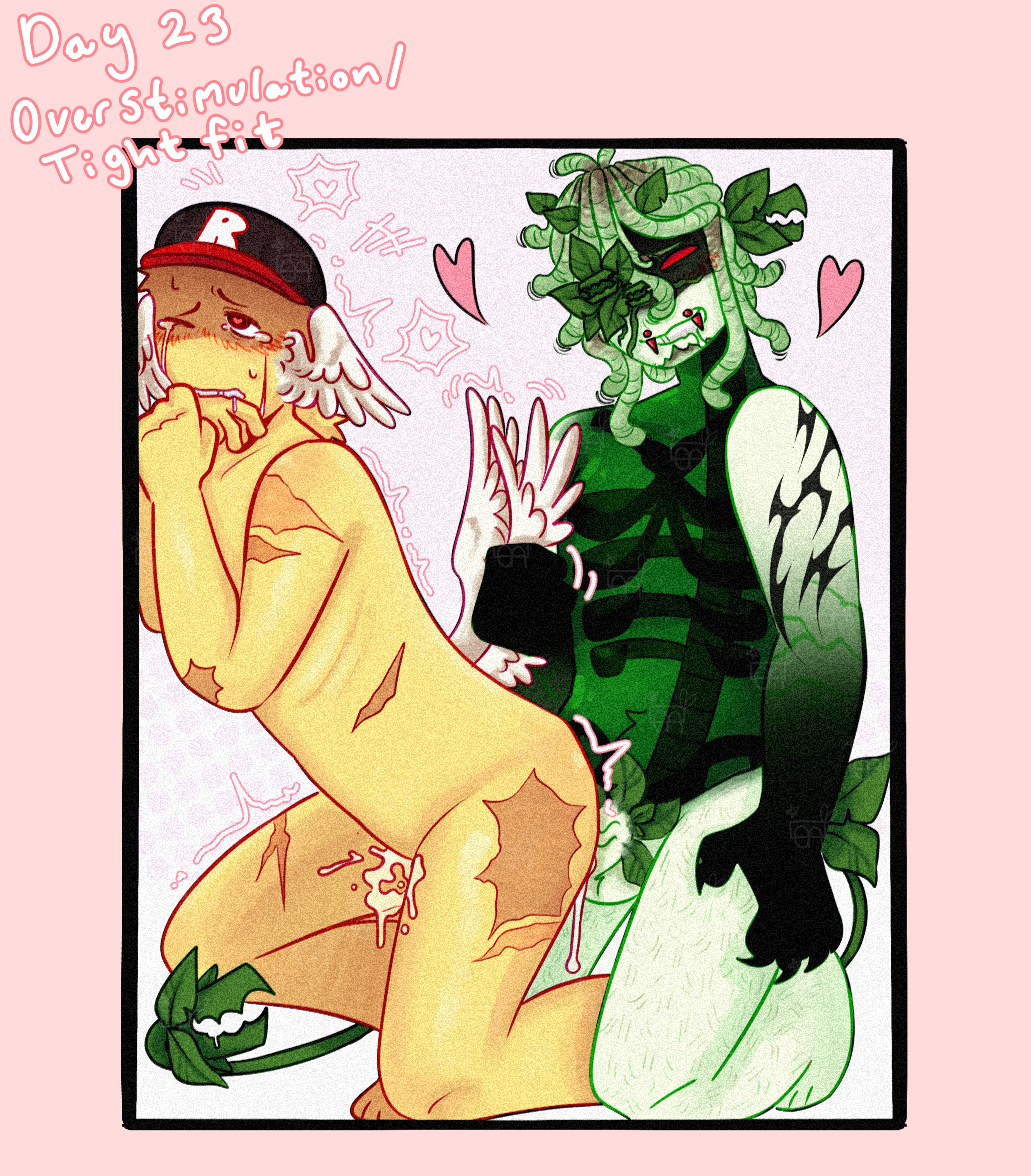 angel bites, biting hand, block tales, bunnyolin, confined, crying, crying from pleasure, crying while penetrated, cum, cum leaking, cum splatter, dreads, drooling, ectobody, gay, grabbing, grabbing wings, griefer (block tales), idk what to tag it, in box, kinktober, kinktober 2025, leaf pubes, leaves, leaves in hair, locs, one eye covered, one eye obstructed, overstimulated, overstimulation, pink background, plant, plant tail, player (block tales), roblox, roblox game, robloxian, scars, scars all over, scars on arm, scars on thighs, self upload, sex from behind, shadow over eyes, small space, tattoo, tattoo on arm, tattooed arm, text, tight fit, watermark, wings, wings on back, wings on head