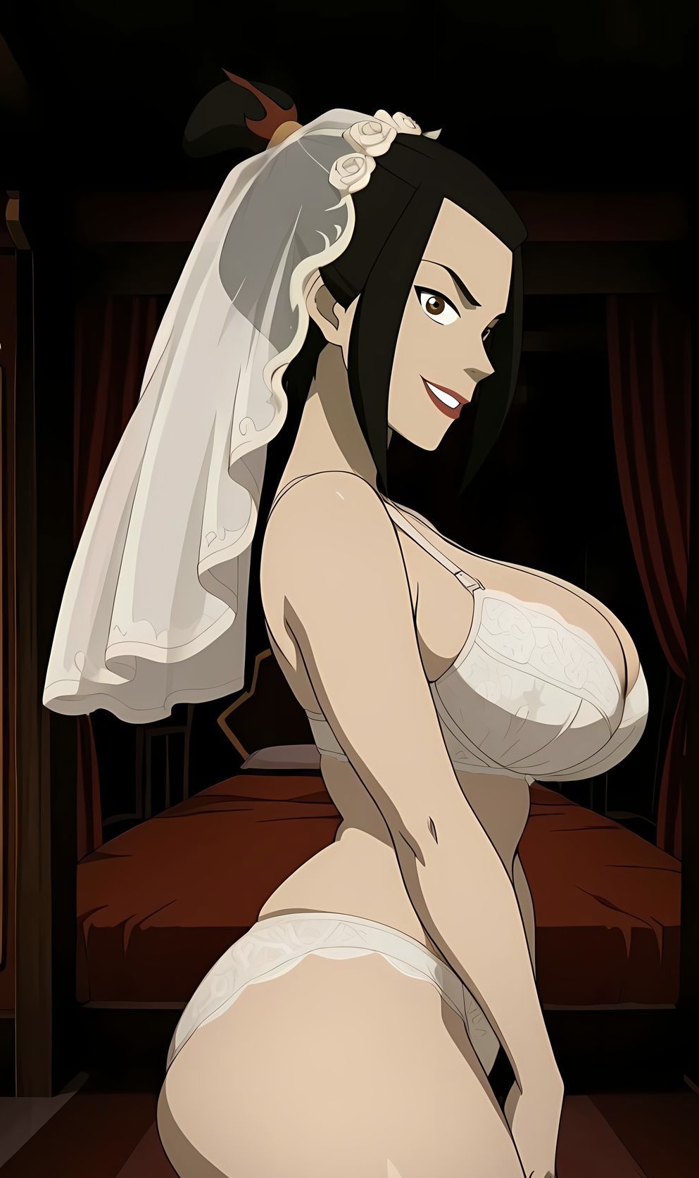 1girls, ai generated, avatar legends, avatar the last airbender, ayyaai, azula, beautiful, bed, bedroom, big ass, big breasts, black hair, bra, breasts, bride, busty, busty female, female, gold eyes, golden eyes, huge breasts, light skin, light-skinned female, lingerie, looking at viewer, panties, perfect ass, perfect body, perfect boobs, perfect legs, princess, red lips, red lipstick, side eye, side view, sideboob, smirk, smirking, smirking at viewer, solo, solo female, solo focus, standing, thick, thick ass, thick legs, thick thighs, wedding, wedding lingerie, wedding veil, white bra, white lingerie, white panties