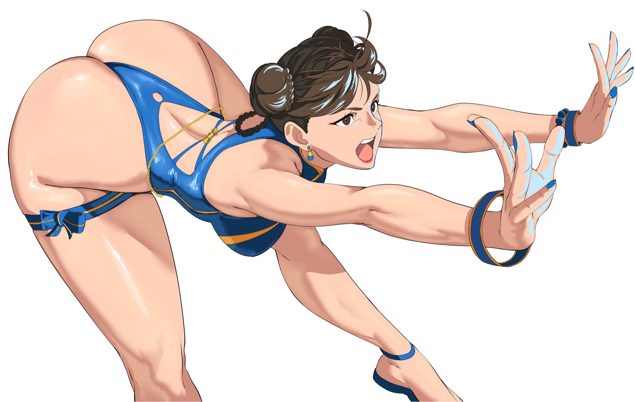 1girls, ass, bent over, big ass, bikini, bottom heavy, breasts, brown hair, bubble butt, chun-li, double bun, fat ass, female, female only, huge ass, kikoken, large ass, massive ass, octavius dp, painted nails, shoes, solo, street fighter, street fighter 6, swimsuit, thick ass, thick thighs, thunder thighs, white background, wide hips