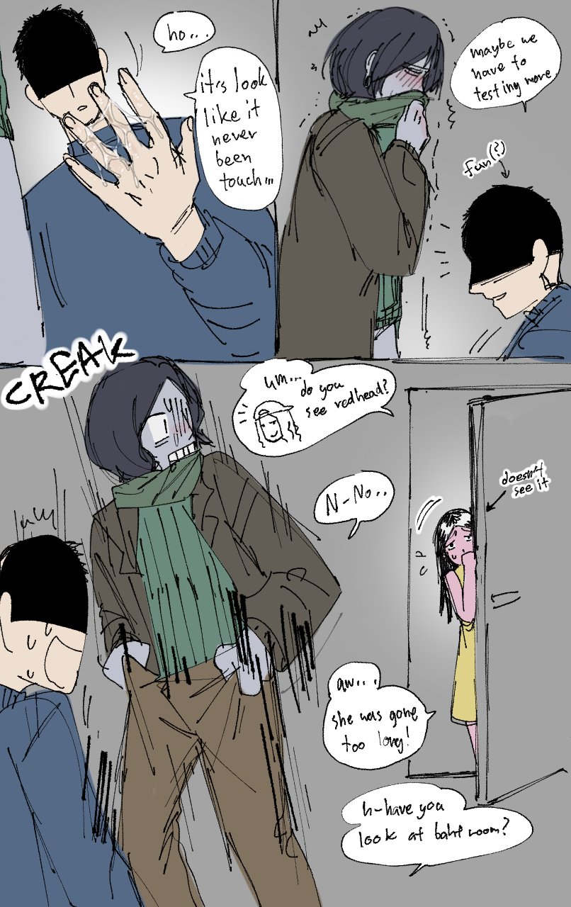 1boy, 1cuntboy, blush, caught, coat guy (no, i'm not a human), comic, covering mouth, cuntboy, english text, grey body, grey skin, intersex, ixnsfw07, male, mti crossgender, no, i'm not a human, protagonist (no, i'm not a human), pussy, pussy juice, scarf, surprised, walked in on