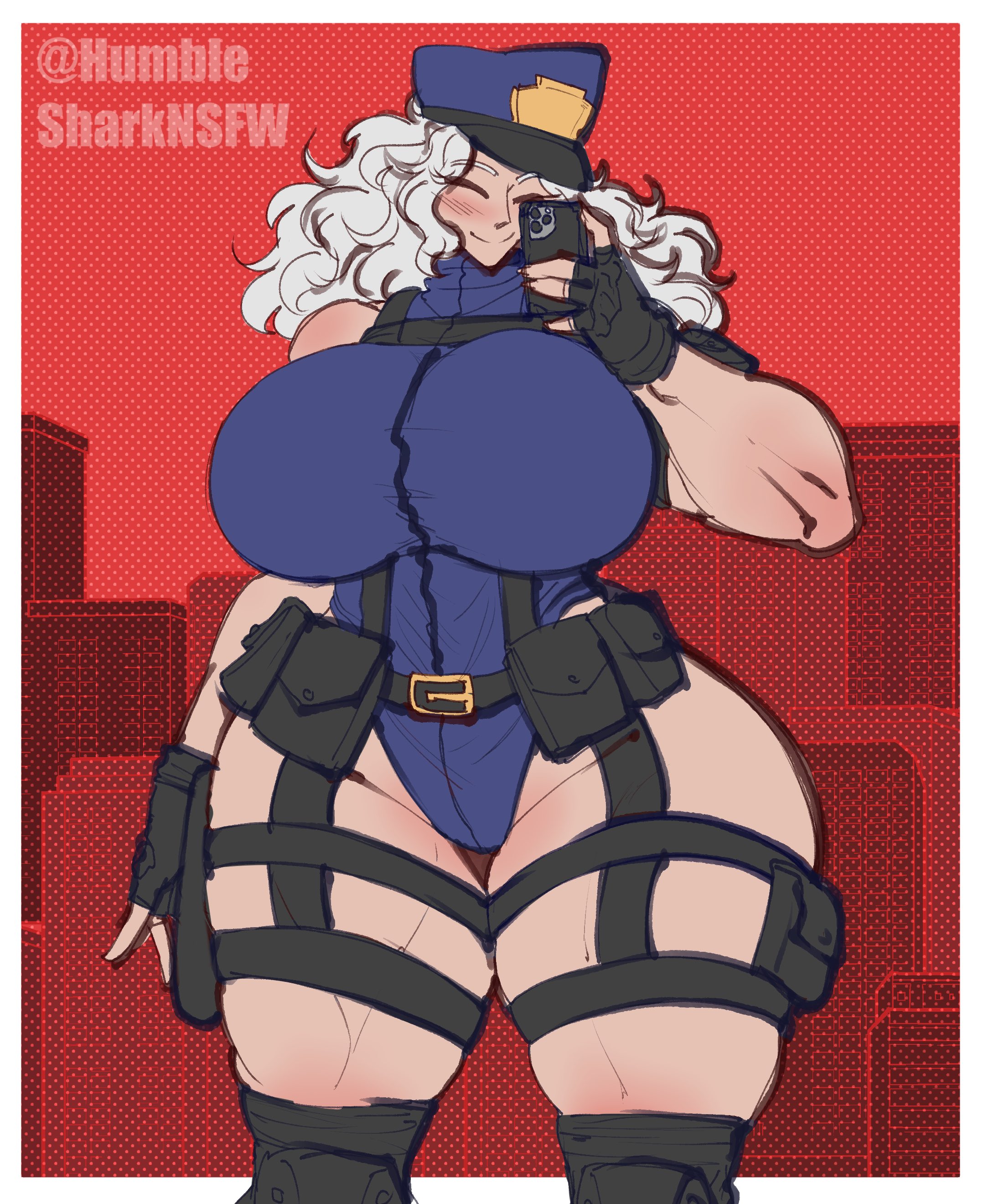 athletic, athletic female, big breasts, breasts, cellphone, female, huge breasts, humble shark, kazuyuki, muscular, muscular female, police, policewoman, thick thighs, white hair