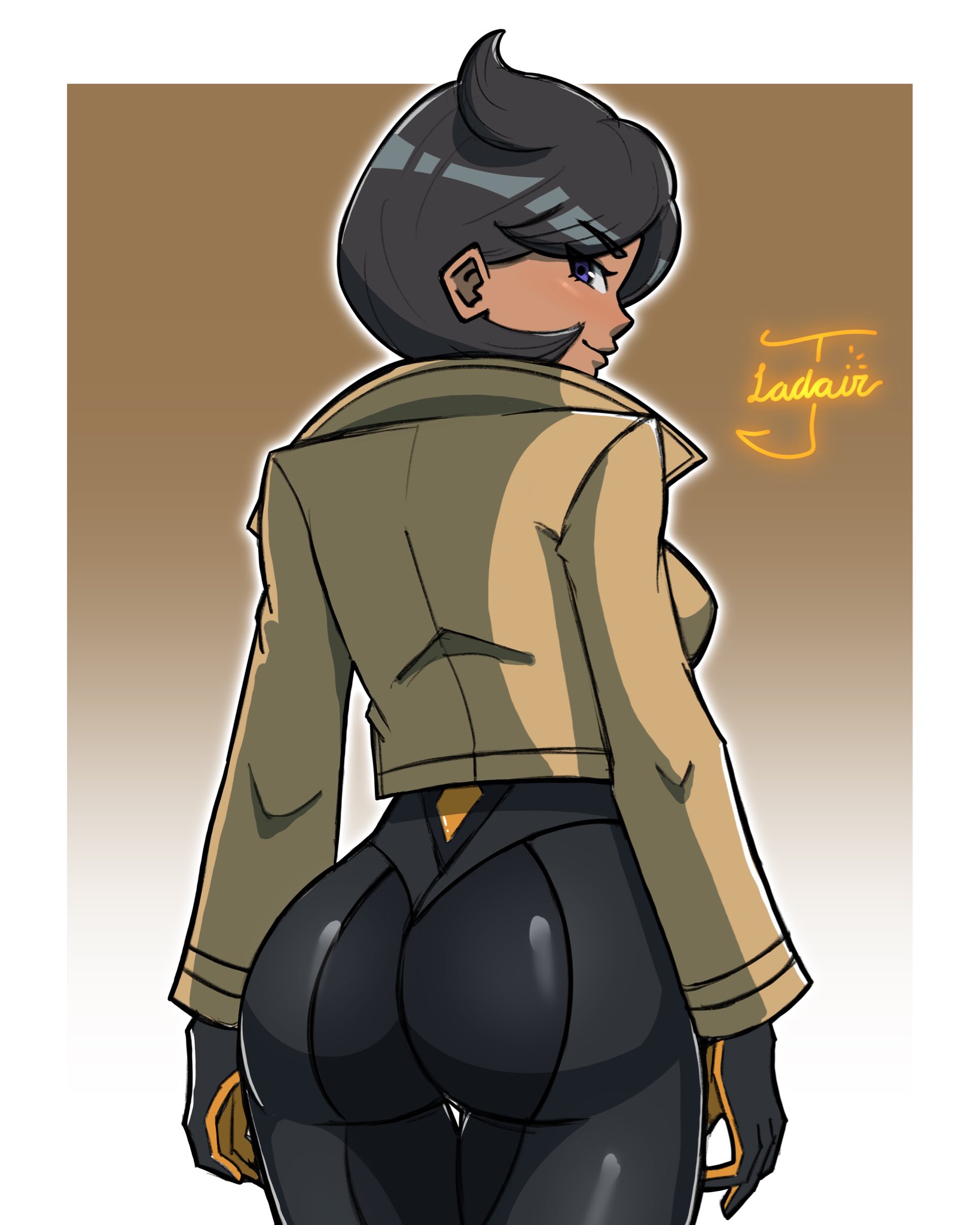 1girls, ass, bodysuit, brown background, bubble butt, coat, dark skin, dark-skinned female, emma (pokemon legends: z-a), emma (pokemon), female, female focus, female only, game freak, gradient background, jacket, jayladair, large ass, looking at viewer, looking back, matiere (pokemon legends: z-a), matiere (pokemon), nintendo, pokemon, pokemon legends: z-a, short black hair, solo, thick thighs, thighs, tight clothing, tomboyish, white border, wide hips