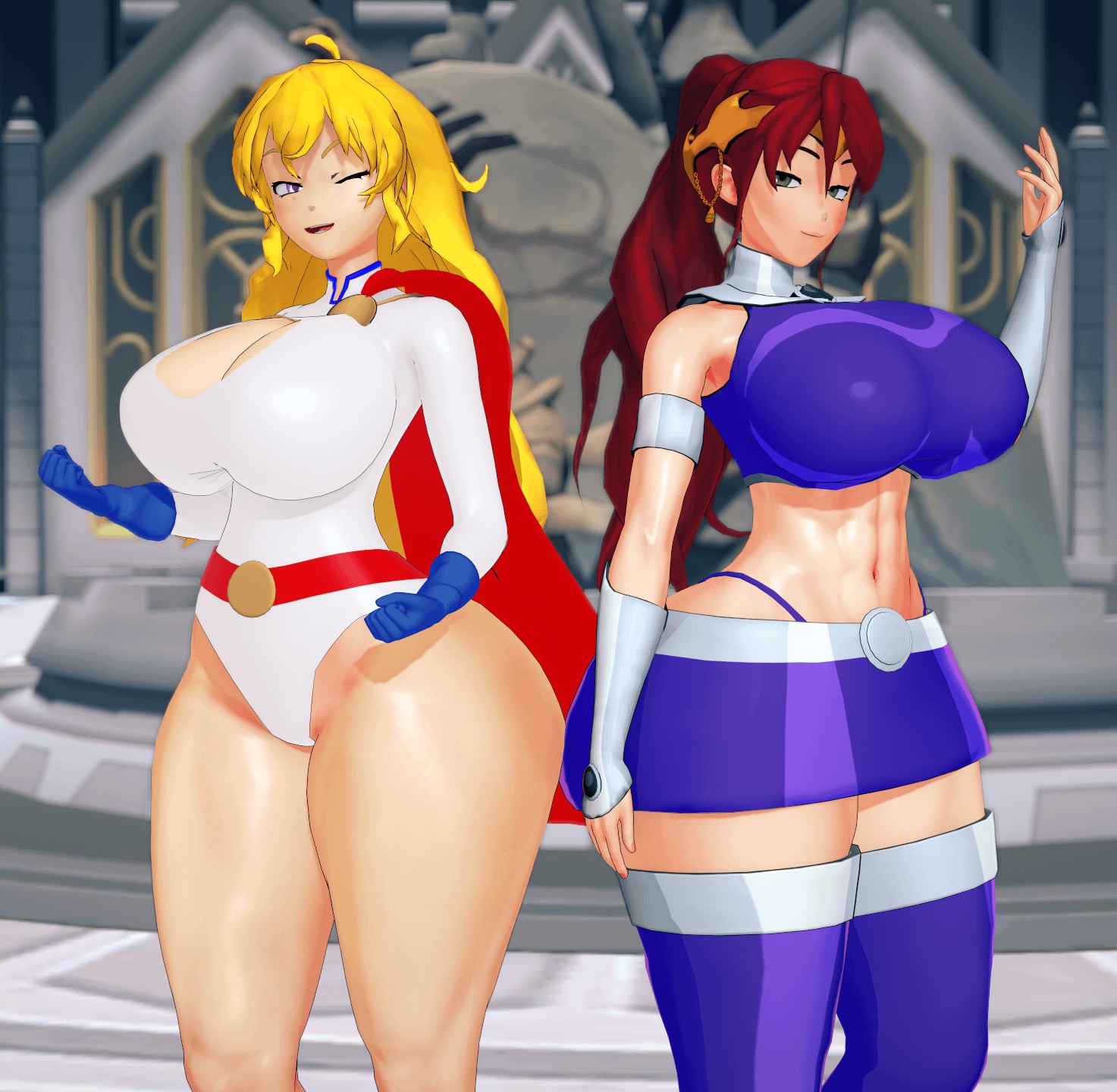 2girls, 3d, ass, asymmetrical hair, big ass, big breasts, blonde, blonde female, blonde hair, blonde hair female, blonde-haired female, blue gloves, boots, breasts, costume, dc, dc comics, duo, female, female only, gloves, huge ass, huge breasts, light-skinned female, long hair, long hair female, morepolygons11, multiple females, multiple girls, power girl (cosplay), pyrrha nikos, red hair, red hair female, rwby, starfire (cosplay), thigh boots, thigh highs, thighhigh boots, thighhighs, thighs, yang xiao long