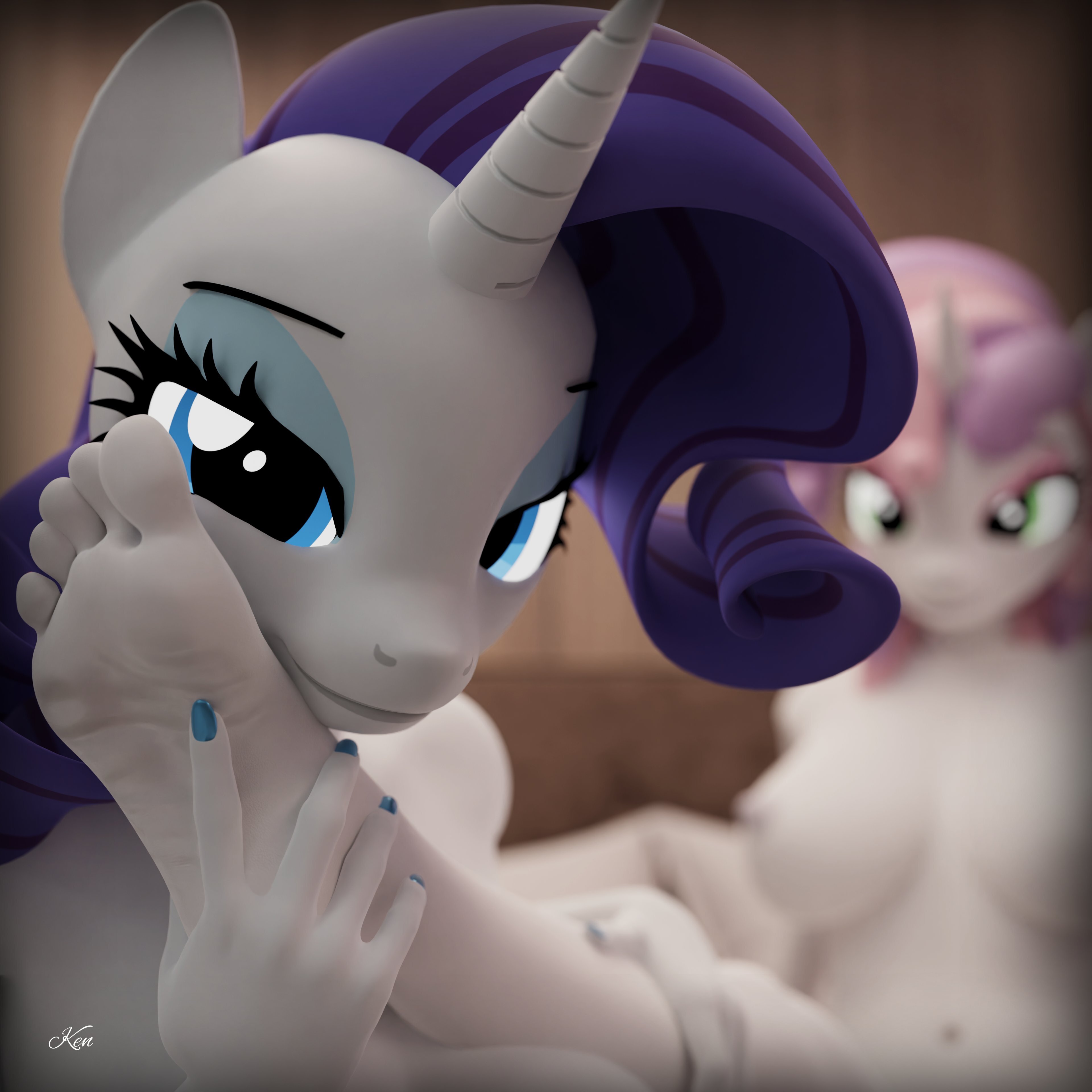 1:1, 3d, 5 toes, absurd res, aged up, anthro, bedroom eyes, biped, breasts, close up, close up feet, close up view, close-up, close-up feet, closeup, closeup feet, closeup view, digital media (artwork), duo, equid, equine, feet, female, female/female, foot fetish, foot focus, foot on face, friendship is magic, hasbro, hi res, horn, humanoid feet, kenuwu, looking at viewer, mammal, my little pony, mythological creature, mythological equine, mythology, narrowed eyes, nipples, nude, nude anthro, nude female, plantigrade, rarity (mlp), seductive, sibling, sister, sisters, smile, smiling at viewer, soles, sweetie belle (mlp), teasing with feet, toes, unicorn