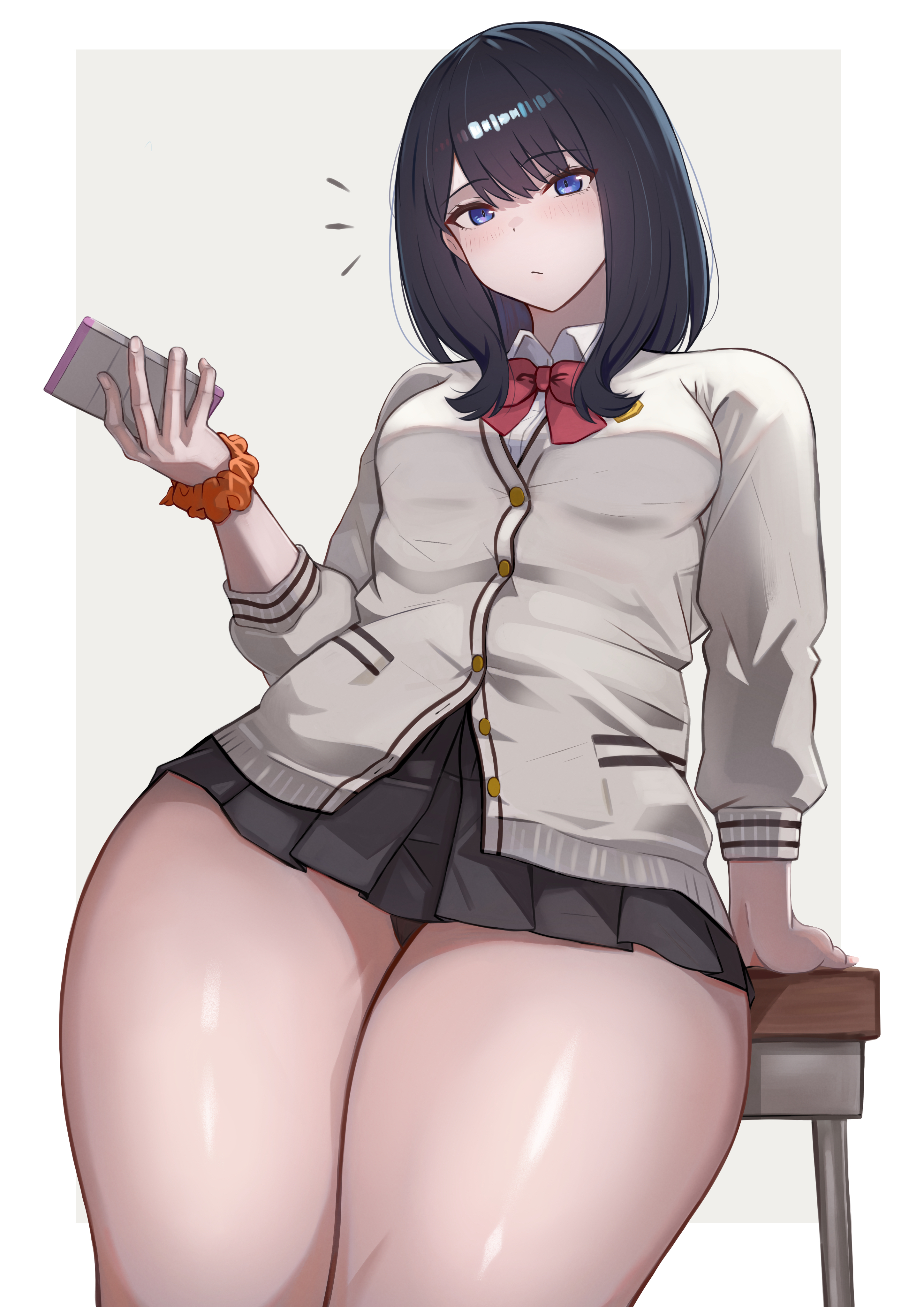 :/, absurdres, black hair, black skirt, blue eyes, blush, border, breasts, cardigan, closed mouth, commentary request, desk, disinterested, emotionless, emotionless female, female, grey background, gridman universe, highres, holding, holding phone, indifference, indifferent, long sleeves, looking at viewer, medium hair, notice lines, partially unbuttoned, phone, pleated skirt, school desk, school uniform, scrunchie, shee-p (inemurisheep113), sitting, skirt, small breasts, solo, ssss.gridman, takarada rikka, thick thighs, thighs, unbothered, uncaring, white border, white cardigan, wrist scrunchie