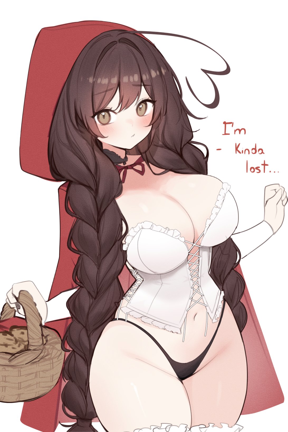 1girls, breasts, english text, female, female focus, female only, indie virtual youtuber, large breasts, light skin, light-skinned female, midriff, original, red riding hood (cosplay), sky (skyaboveme), skyaboveme, solo, text, thick thighs, thighs, virtual youtuber, white background, wide hips