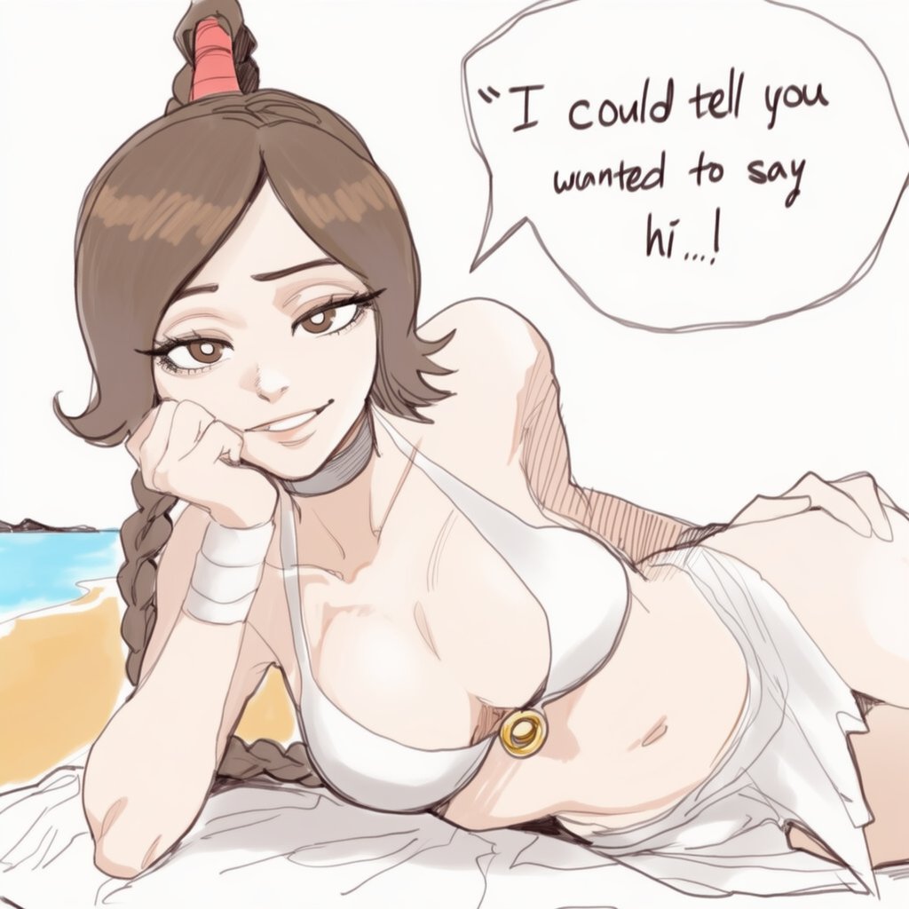 1girls, ai generated, avatar the last airbender, bandaged arm, bandages, big breasts, bikini, braid, breasts, brown hair, choker, cleavage, english text, female, lapis slopzuli, long hair, looking at viewer, lying, navel, nickelodeon, on side, single braid, smile, solo, speech bubble, striped, swimsuit, ty lee