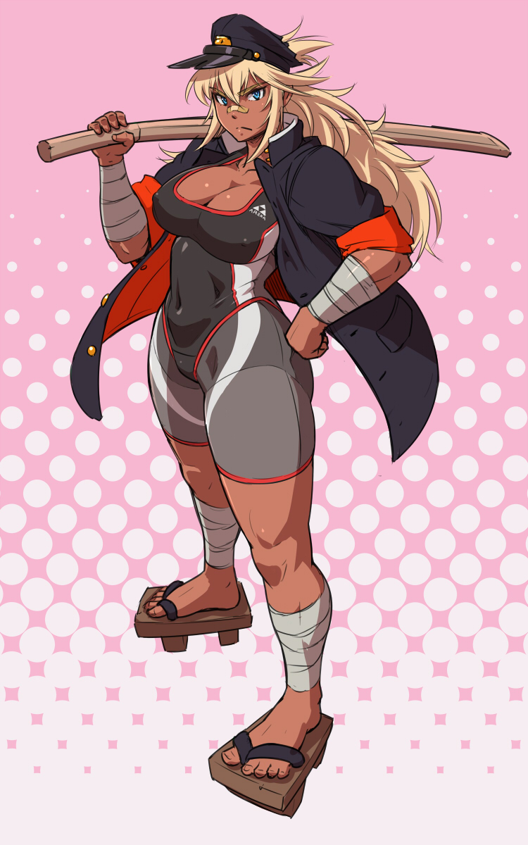 abstract_background arm_wraps bandage bandaid bandaid_on_nose blonde_hair blue_eyes breasts cleavage clothed covered_navel dark-skinned_female dark_skin feet female frown geta hair_between_eyes hand_on_hip hat jacket large_breasts leg_wraps leotard long_hair looking_at_viewer mikoyan nipple_bulge open_toe_shoes sandals school_uniform standing swimsuit sword toes toned weapon