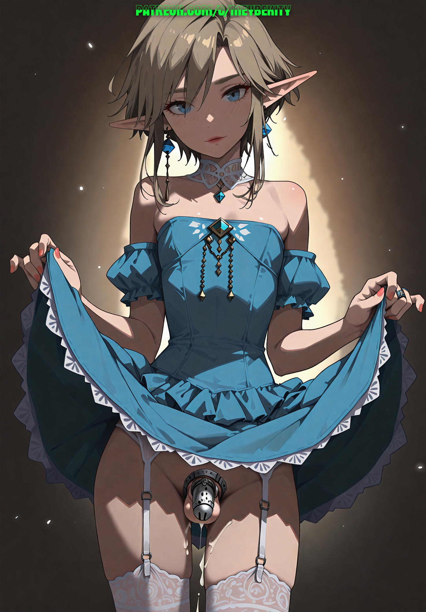 1boy, ai generated, balls, chastity cage, dress, elf, femboy, light-skinned femboy, looking at viewer, male, meybekity, otoko no ko, penis, solo, trap, yaoi