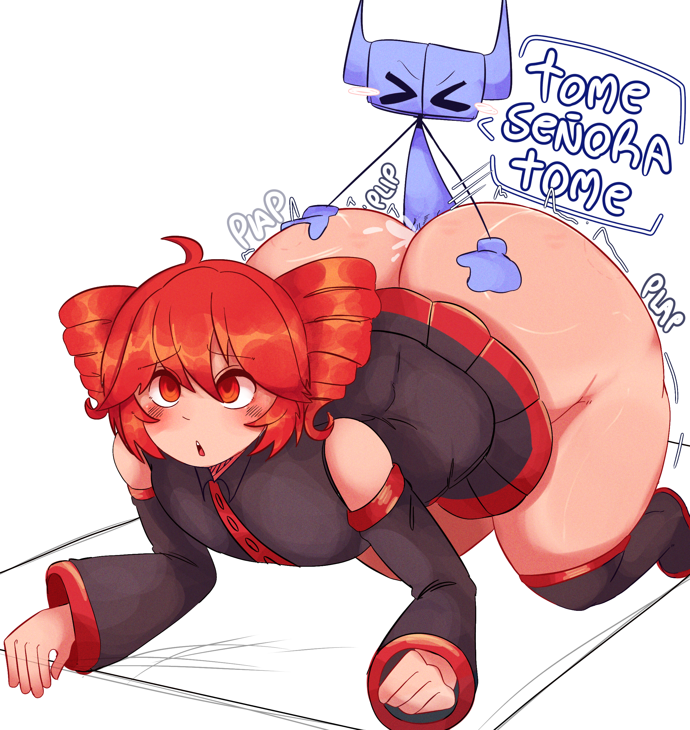 big ass, big butt, big thighs, dialogue, doggy style, female, fucked from behind, fucked silly, grabbing ass, kasane teto, male, oc, red hair, ship master, smaller male, spanish text, straight, text, utau, utauloid, vocaloid