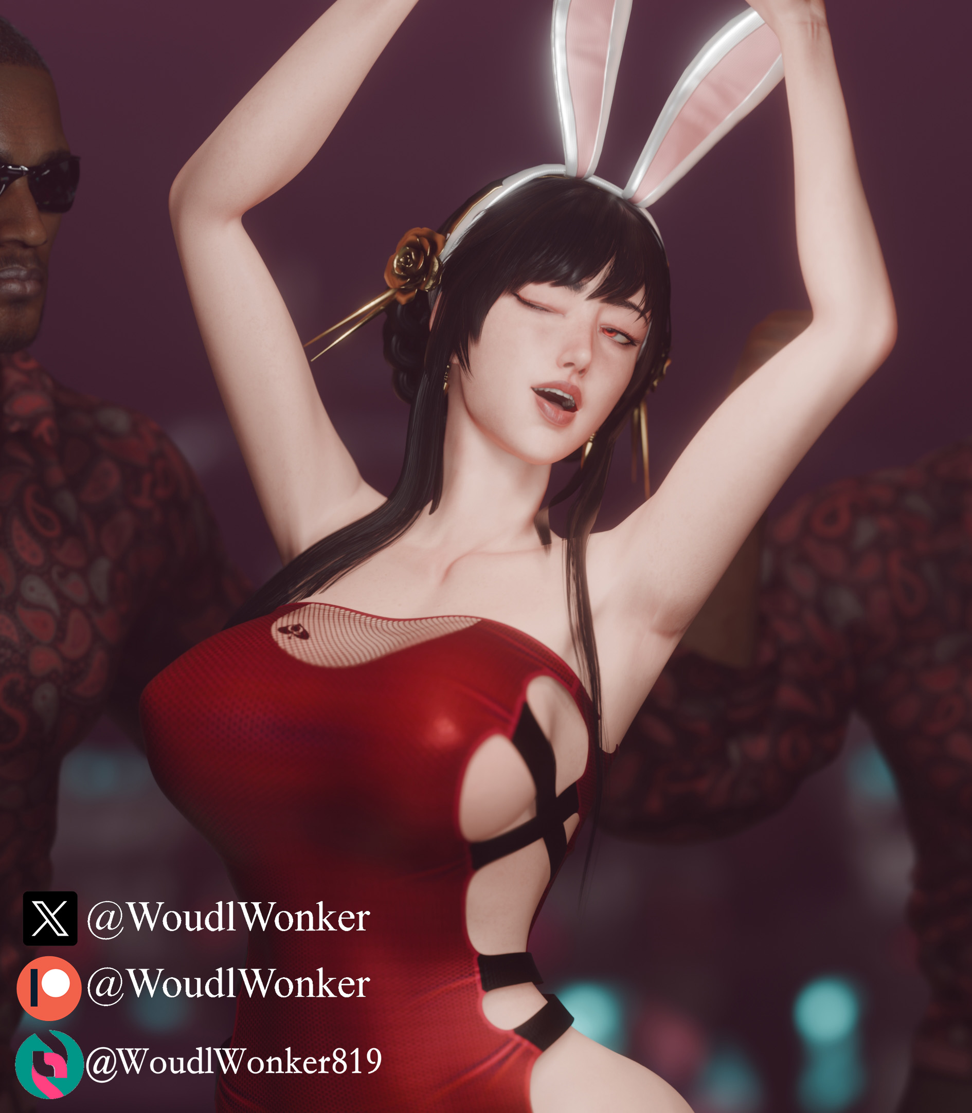 3d, assassin, black hair, bunny ears, club, dancing, dark-skinned male, dress, female, h69verse, happy, human, human female, interracial, large breasts, light-skinned female, male, mature female, slim waist, spy x family, thorn princess, wide hips, woudlwonker819, yor briar, yor forger, yor forger (h69 verse)