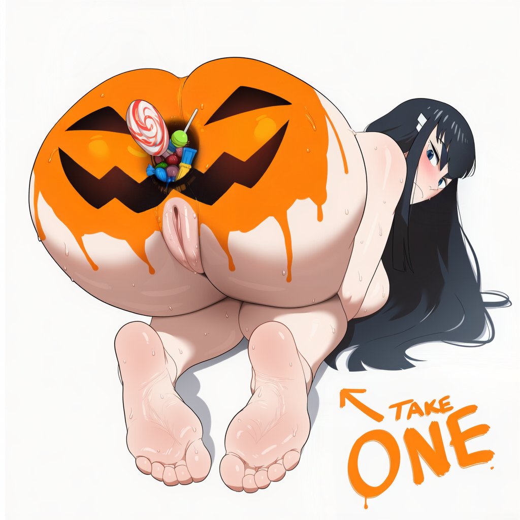 ai assisted, ai generated, anus, black hair, blue eyes, breasts, candy, english text, feet, female, foot focus, gaping, gaping anus, kill la kill, kiryuuin satsuki, kokenaart, light skin, pumpkin butt, pussy, solo, sweat