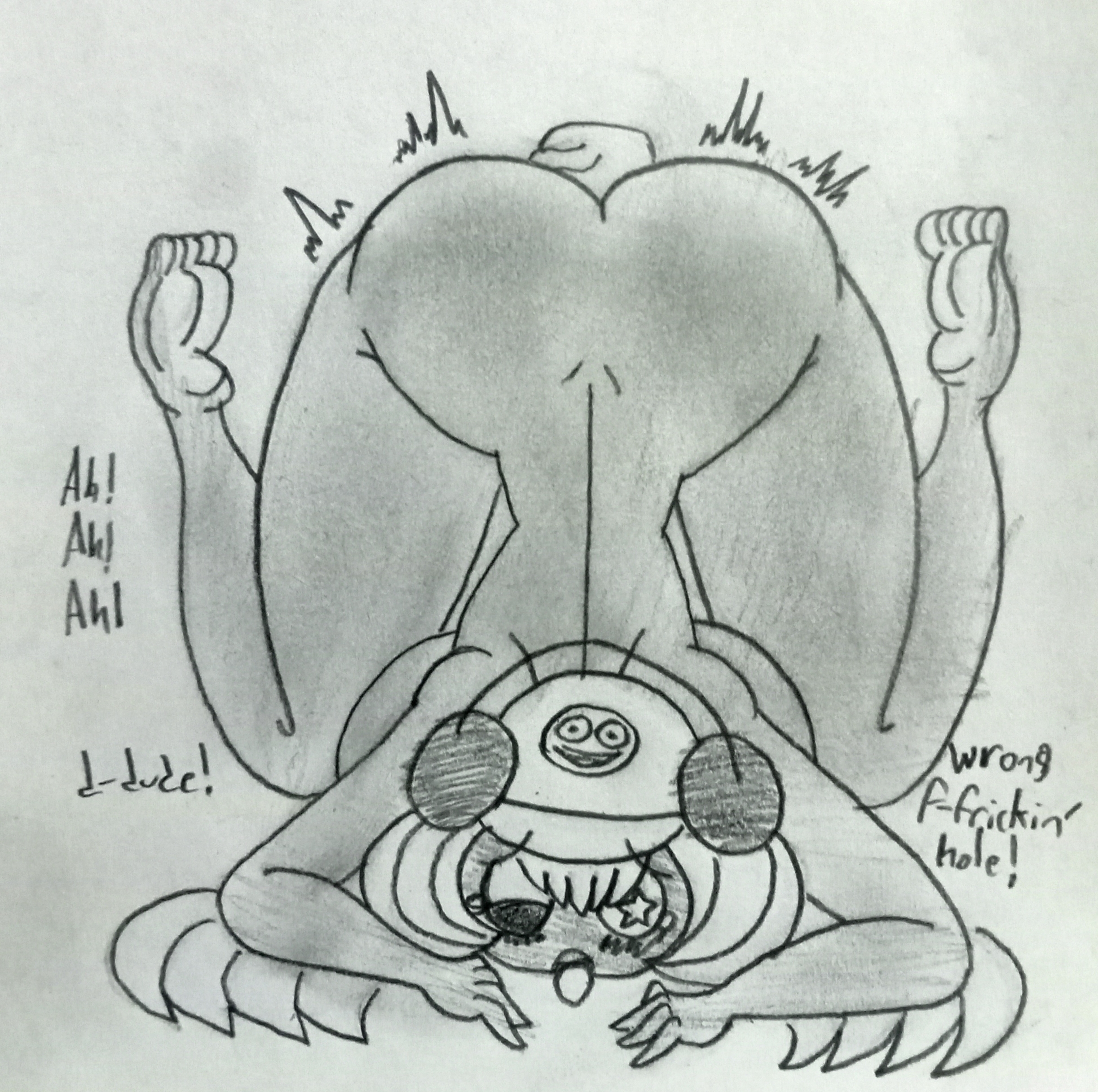 1boy, anal, ass, billyfutureboy, dark-skinned female, dolly dimpley, female, looking back, male, penis, smiling friends, traditional media (artwork)