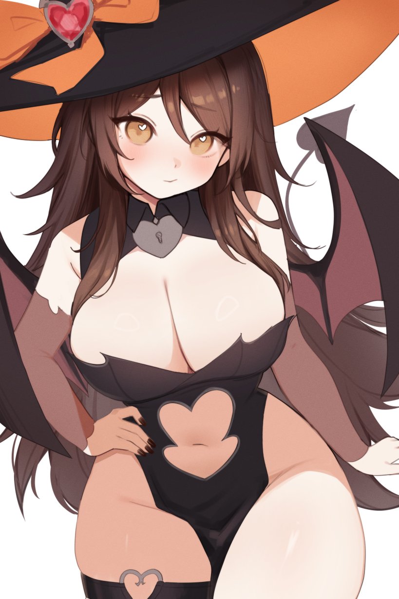 1girls, breasts, english text, female, female focus, female only, halloween, indie virtual youtuber, large breasts, light skin, light-skinned female, midriff, original, sky (skyaboveme), skyaboveme, solo, succubus, text, thick thighs, thighs, virtual youtuber, white background, wide hips, witch hat