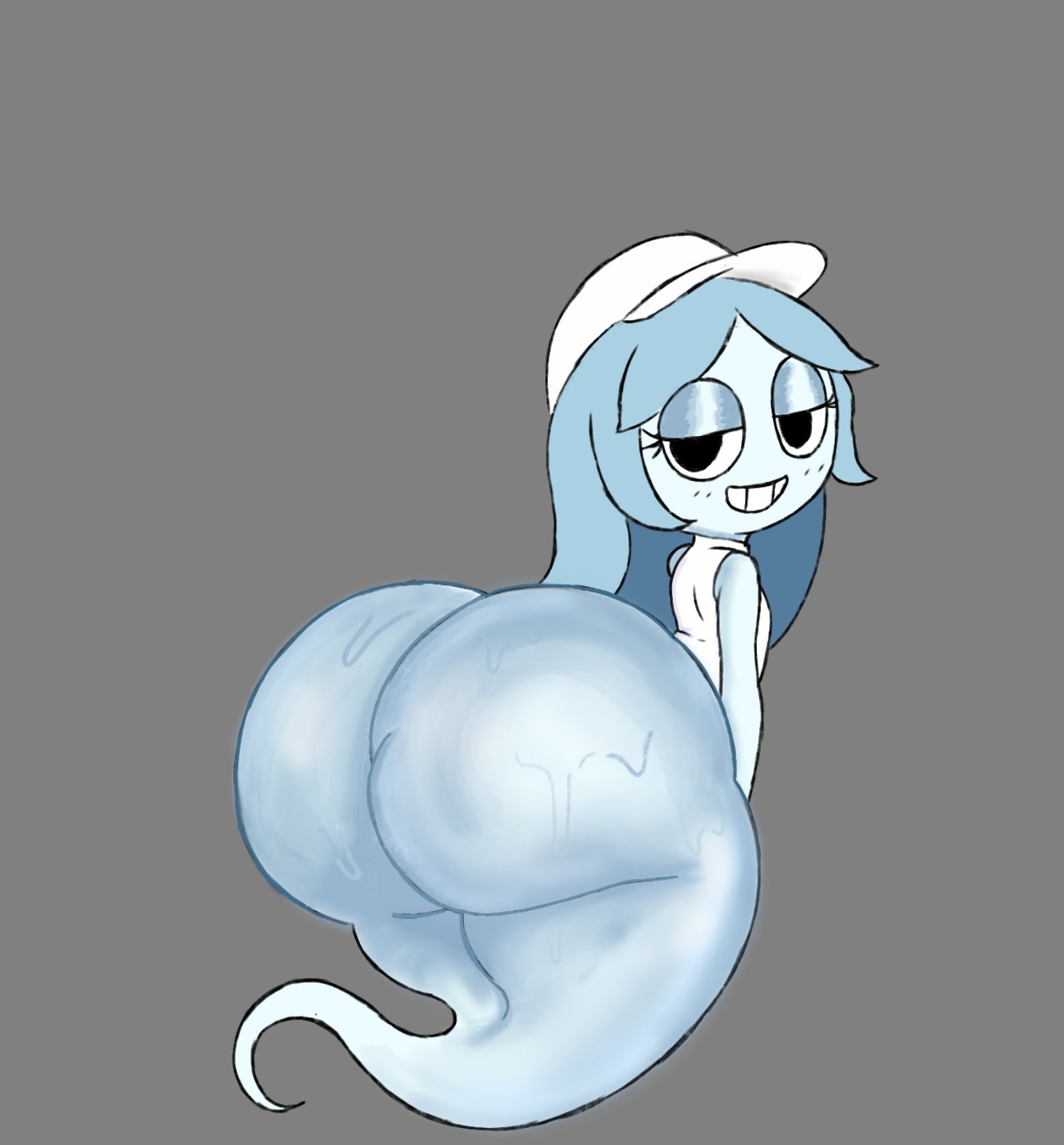 ass, ass focus, back view, big ass, connie (dandy's world), dandy's world, fat ass, female, ghost, ghost girl, ghost tail, half-closed eyes, huge ass, looking at viewer, looking back, presenting hindquarters, rear view, sashimilotus, shiny ass, simple background, smile, sweat, sweaty ass