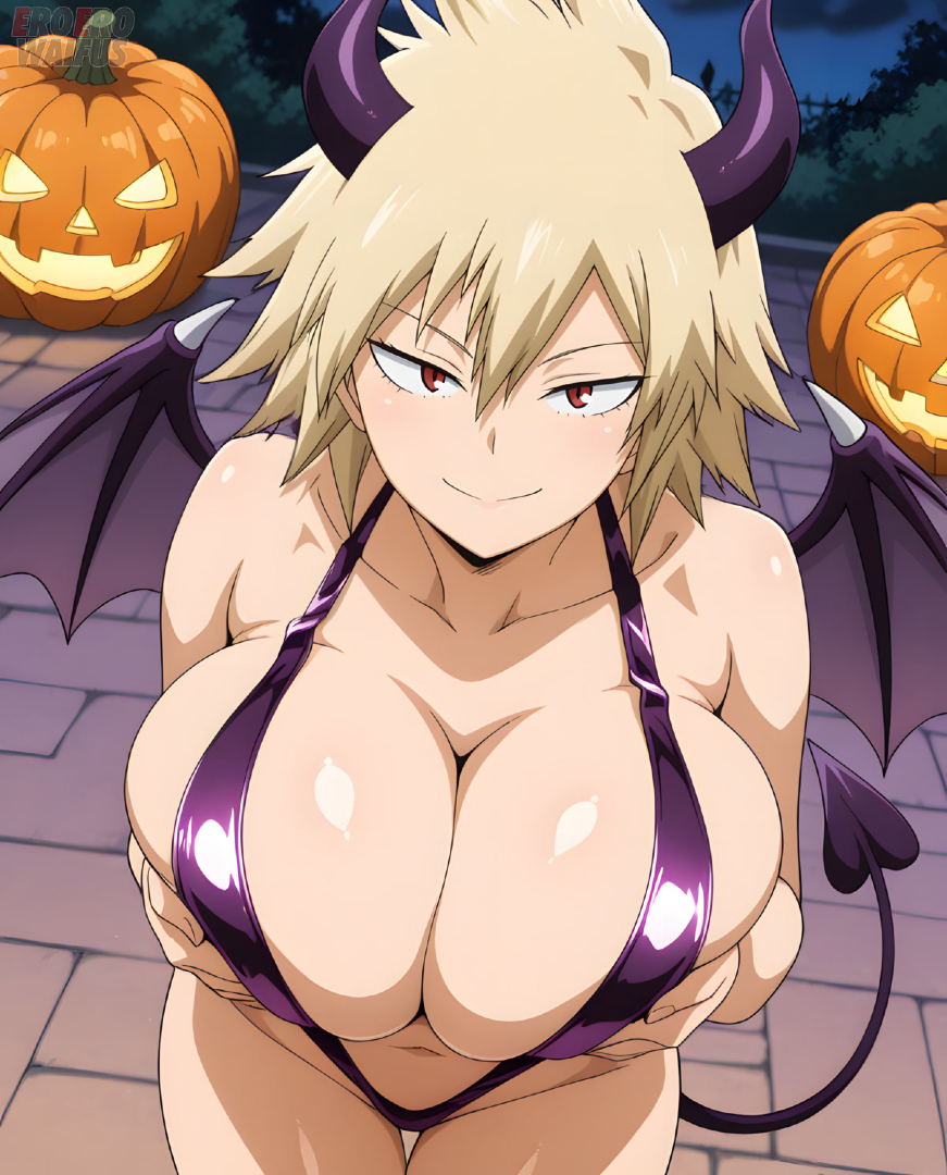 ai generated, bare thighs, blonde hair, boku no hero academia, breast grab, breasts, eroero waifus, female, gigantic breasts, halloween, huge breasts, huge thighs, light skin, light-skinned female, looking at viewer, massive breasts, mature female, milf, mitsuki bakugou, my hero academia, red eyes, short hair, sling bikini, slingshot swimsuit, smiling, solo female, spiky hair, squatting, succubus, succubus horns, succubus tail, succubus wings, sweat, sweatdrop, thick body, thick female, thick thighs, thighs, voluptuous, voluptuous female