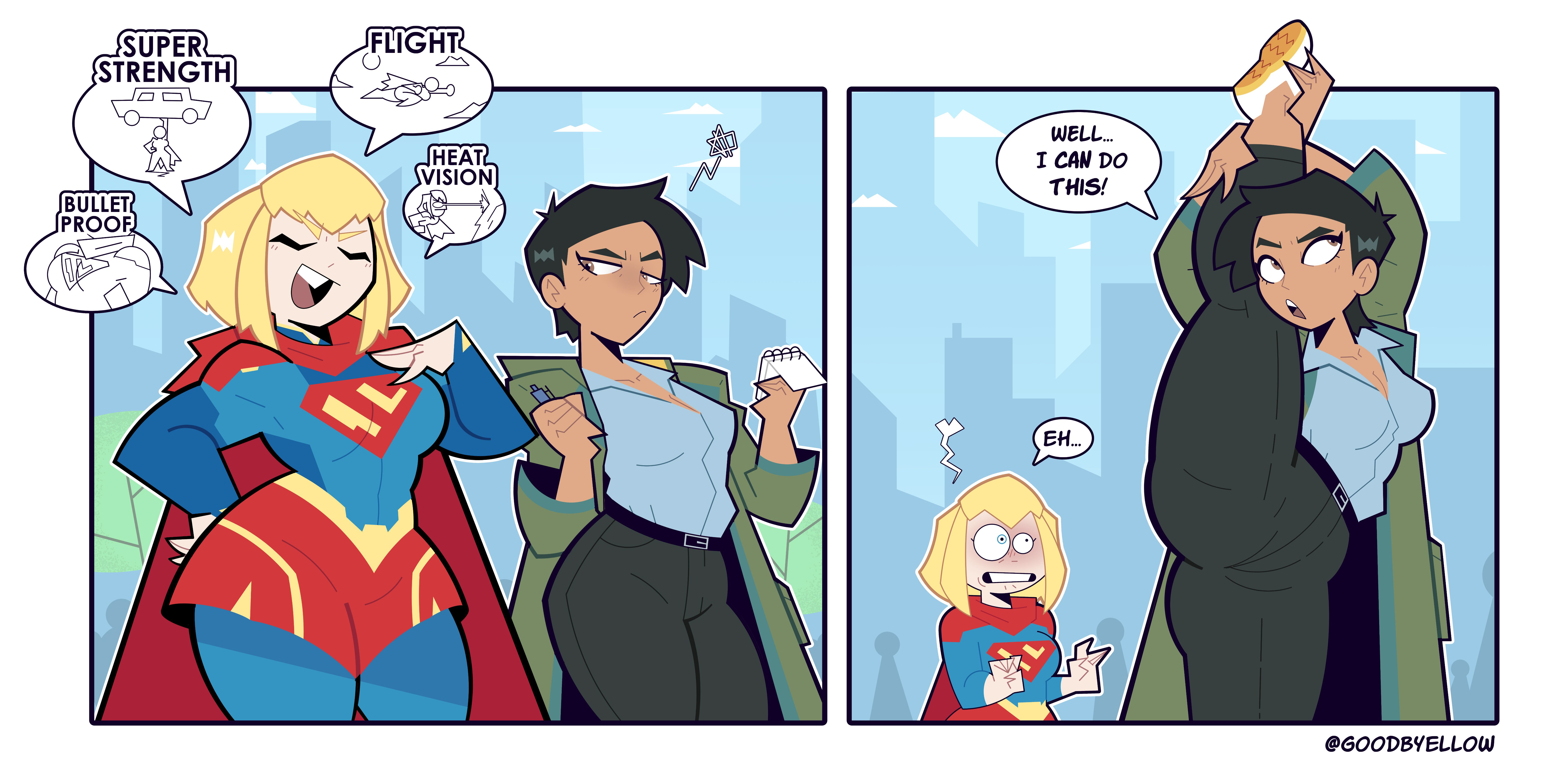 blonde female, blonde hair, blonde haired female, blonde haired woman, blonde-haired, blonde-haired female, bragging, cartoon, cartoony, dark hair, dark hair female, dark-haired female, dark-skinned female, dc, dc comics, flustered, flustered female, fully clothed, goodbyellow, insecure, kara zor-el, kara zor-l, leg, leg up, legs up, lifting leg, light skin, light skin female, light skinned, light skinned female, light-skinned female, lois lane, lois lane (my adventures with superman), long coat, medium breasts, medium hair, medium hair female, my adventures with superman, notepad, one leg up, pointy breasts, short hair, short hair female, supergirl, supergirl (my adventures with superman), superman (series), tanned, tanned female, tanned skin, thick thighs, white shoes