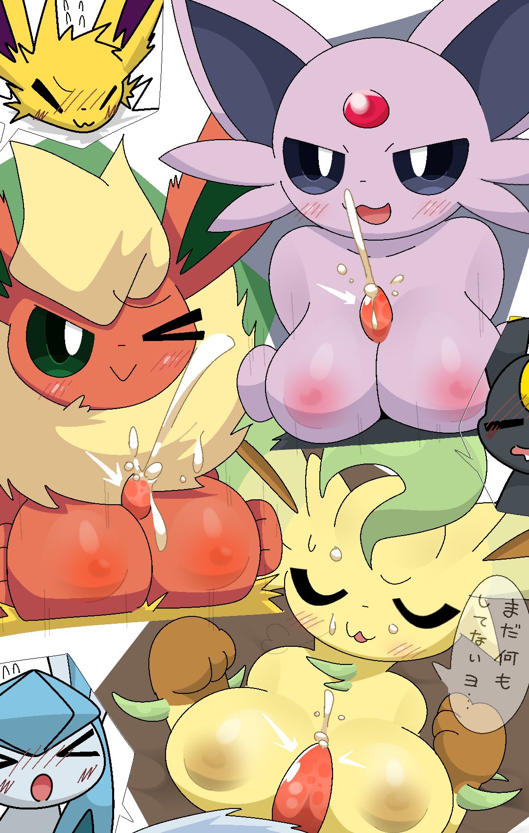 3boys, 3girls, animal genitalia, anthro on anthro, big breasts, blush, blush lines, boobjob, breasts, cum, eeveelution, esperon, female, flareon, furry, furry female, furry only, glaceon, japanese text, jolteon, leafeon, male, paizuri, penis, pokemon, pokemon (species), sateco, tagme, tapering penis, umbreon