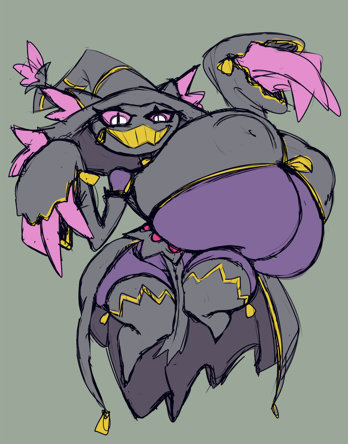 2024, anthro, areola outline, big breasts, breasts, claws, clothing, digital media (artwork), female, fusion, generation 4 pokemon, generation 6 pokemon, grey background, grey clothing, hat, headgear, headwear, hi res, huge breasts, hyper, hyper breasts, imric1251, latex, legwear, magic user, mega banette, mega evolution, mismagius, nintendo, nipple outline, pokemon, pokemon (species), pokemon fusion, pupils, purple body, purple breasts, purple sclera, simple background, sketch, slit pupils, solo, thick thighs, thigh highs, under boob, white eyes, witch, witch hat, zipper, zipper mouth