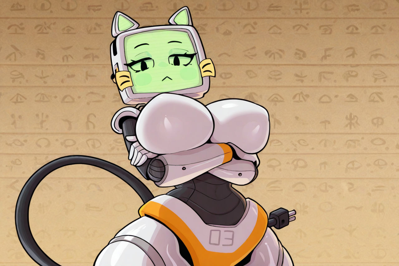 ai generated, big thighs, breasts, cat girl, cat robot, female, fuch animations, looking at viewer, massive breasts, pur 03, robot cat, robot girl, thick thighs, tv head, tv screen, white breast