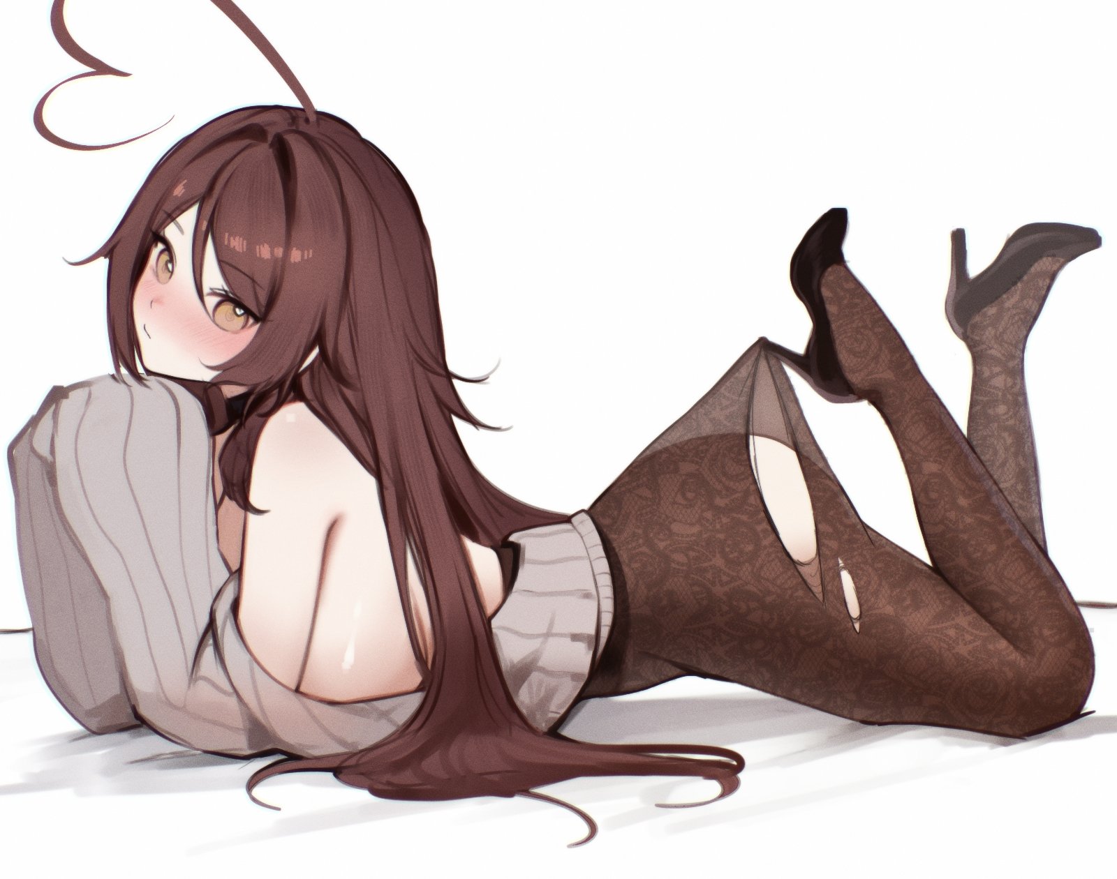 1girls, ass, breasts, english text, female, female focus, female only, indie virtual youtuber, lace pantyhose hooked on heel (meme), large breasts, light skin, light-skinned female, meme, midriff, original, sky (skyaboveme), skyaboveme, solo, text, thick thighs, thighs, torn clothes, virtual youtuber, white background, wide hips