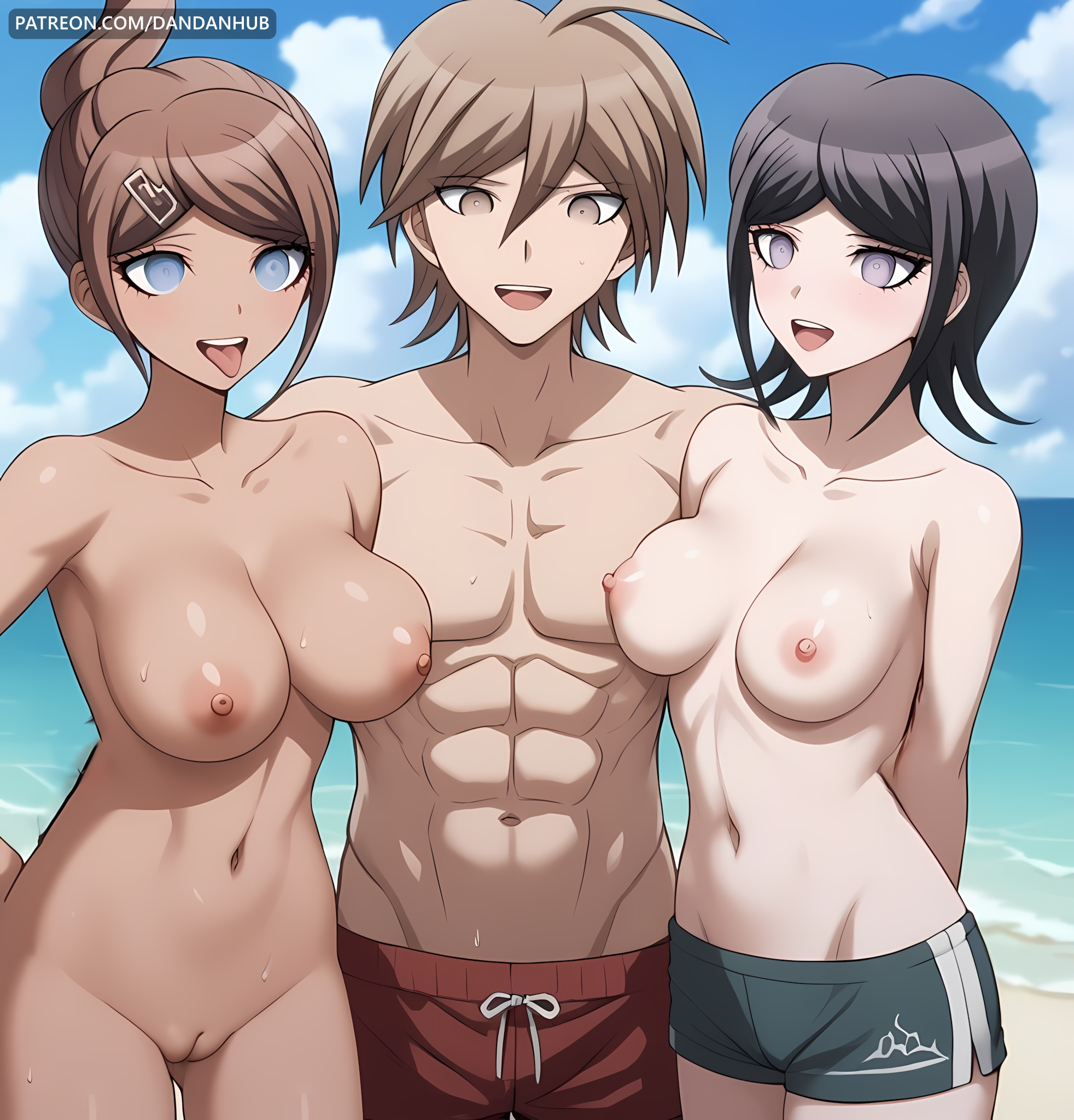 :d, 1boy, 2girls, abs, ahoge, ai generated, arms behind back, asahina aoi, bangs, beach, black hair, blue eyes, breasts, brown eyes, brown hair, collarbone, completely nude, cowboy shot, dandanhub, danganronpa, danganronpa: trigger happy havoc, dark skin, dark-skinned female, day, female, hair ornament, hairclip, large breasts, male, male swimwear, medium breasts, mukuro ikusaba, multiple females, multiple girls, naegi makoto, navel, nipples, nude, ocean, open mouth, outdoors, pussy, shiny, short hair, shorts, siblings, sisters, sky, smile, stomach, straight, swim trunks, teeth, tongue, tongue out, topless, upper teeth only, water