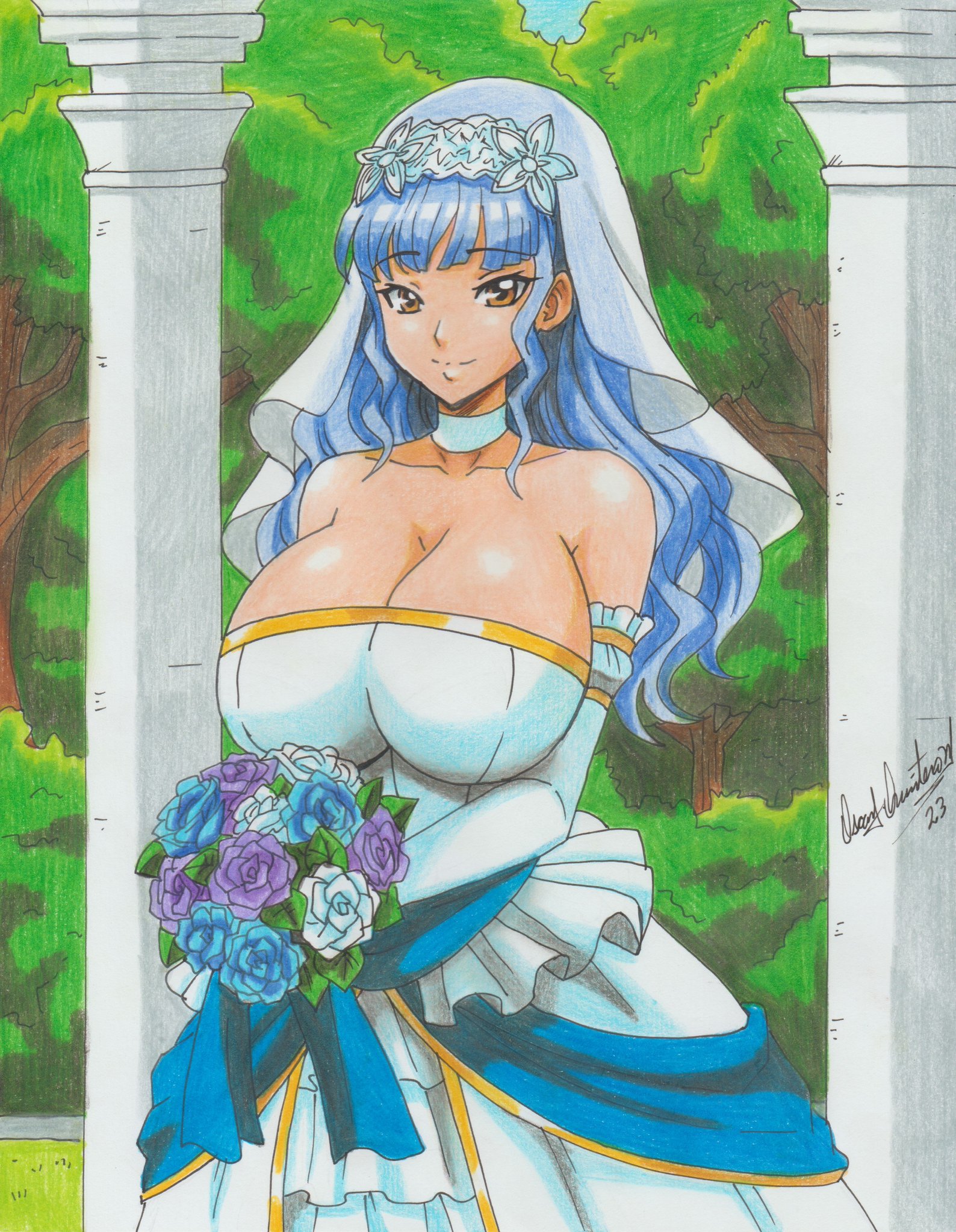 alternate hairstyle, blue hair, breasts, bride, cleavage, commission, female, female only, fire emblem, fire emblem warriors: three hopes, fire emblem: three houses, huge breasts, long hair, marianne von edmund, nintendo, official alternate hairstyle, ravern clouk, solo, wedding dress