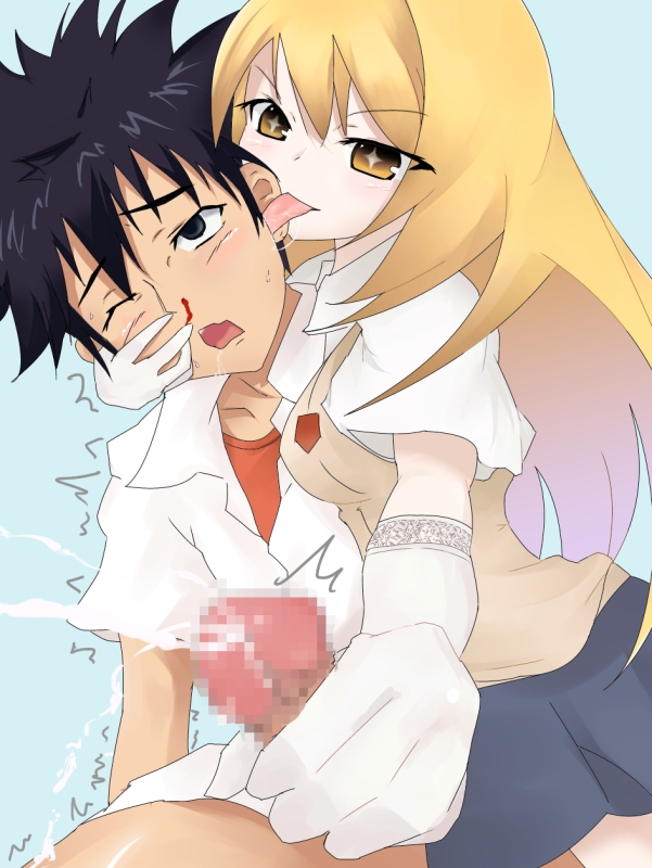 1boy, 1girls, black eyes, black hair, blonde hair, blood, censored, censored penis, cum, doskoinpo, ear licking, eyebrows visible through hair, eyelashes visible through hair, female, femdom, gloved handjob, gloves, handjob, jerkingoff another, kamijou touma, licking ear, light skin, light-skinned female, light-skinned male, male, mosaic censoring, nosebleed, open mouth, penis, shokuhou misaki, submissive male, symbol-shaped pupils, tagme, to aru majutsu no index, tongue, tongue out, white gloves, yellow eyes, yellow hair