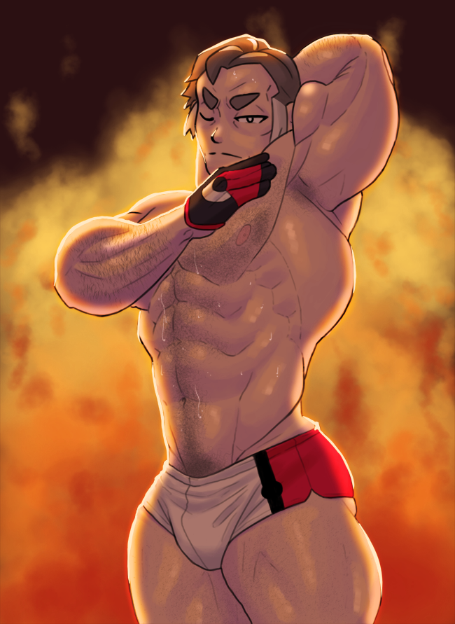 arm_behind_head arm_up balls bara bulge chest_hair gloves grey_hair kabu_(pokemon) male male_only muscles muscular nintendo one_eye_closed penis pokemon pokemon_ss shirtless shorts solo solo_male sweat sweating thedarkdjin