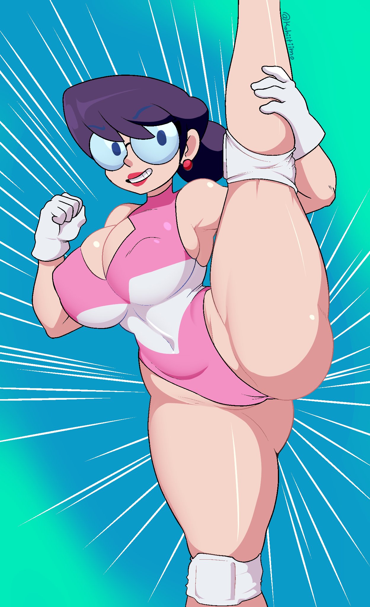 1girls big_breasts canonical_scene female female_focus female_only glasses huge_breasts kohiitiimo leotard light-skinned_female light_skin mama_(punch_punch_forever!) milf one_leg_up punch_punch_forever! spread_legs thick_thighs