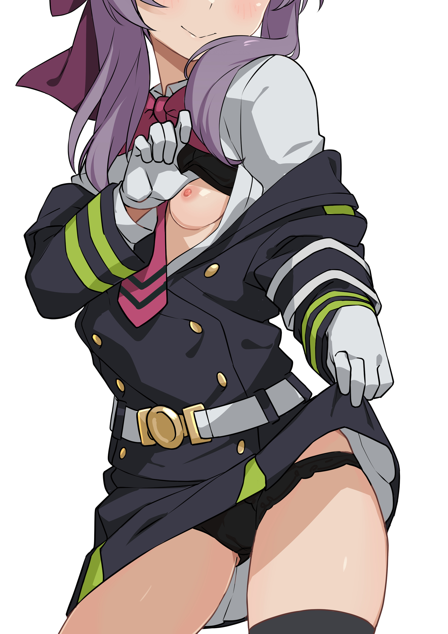 black bra, black panties, bra, bra lift, breasts, female, hiiragi shinoa, morisobo, owari no seraph, skirt, skirt lift, skirt lifted by self, small breasts, thighhighs, underwear