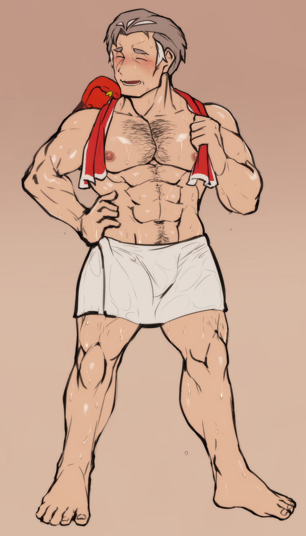 0fupera0 balls bara blush closed_eyes grey_hair kabu_(pokemon) male male_only muscles muscular musk nintendo penis pokemon pokemon_ss solo solo_male sweat sweating sweating_profusely towel towel_around_waist