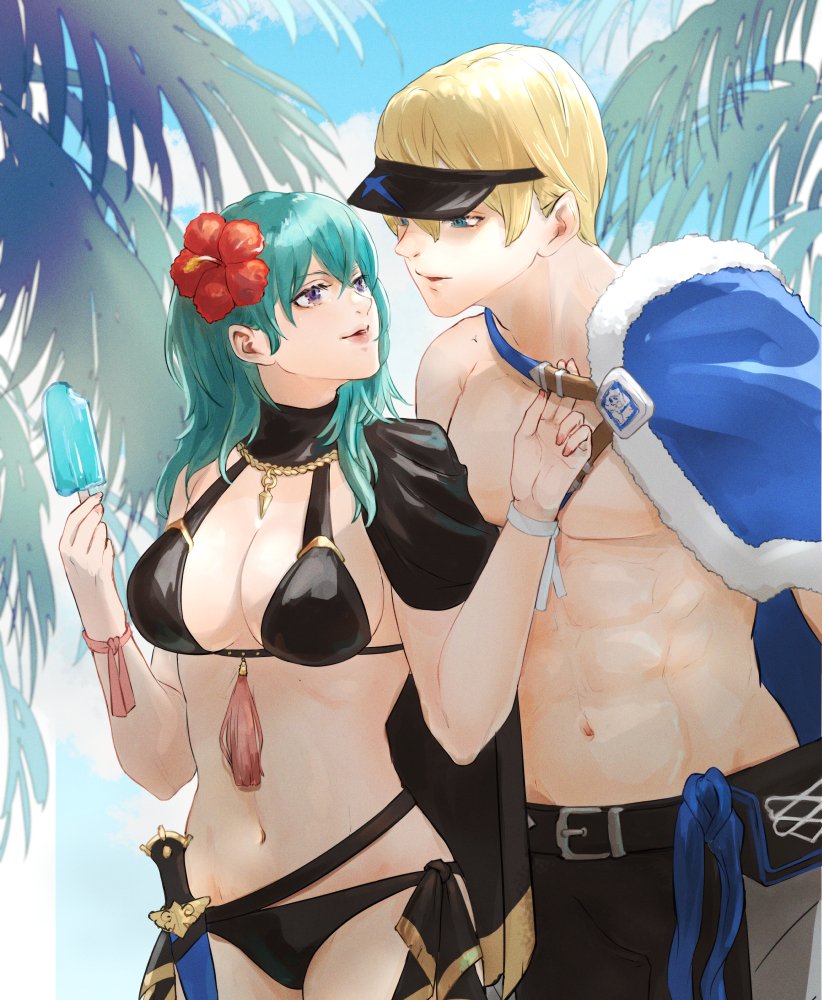 alternate_costume bikini black_bikini black_swimsuit breasts byleth_(fire_emblem) byleth_(fire_emblem)_(female) daph_neko dimitri_alexandre_blaiddyd dimitri_alexandre_blaiddyd_(summer) female fire_emblem fire_emblem:_three_houses male nintendo official_alternate_costume swimsuit