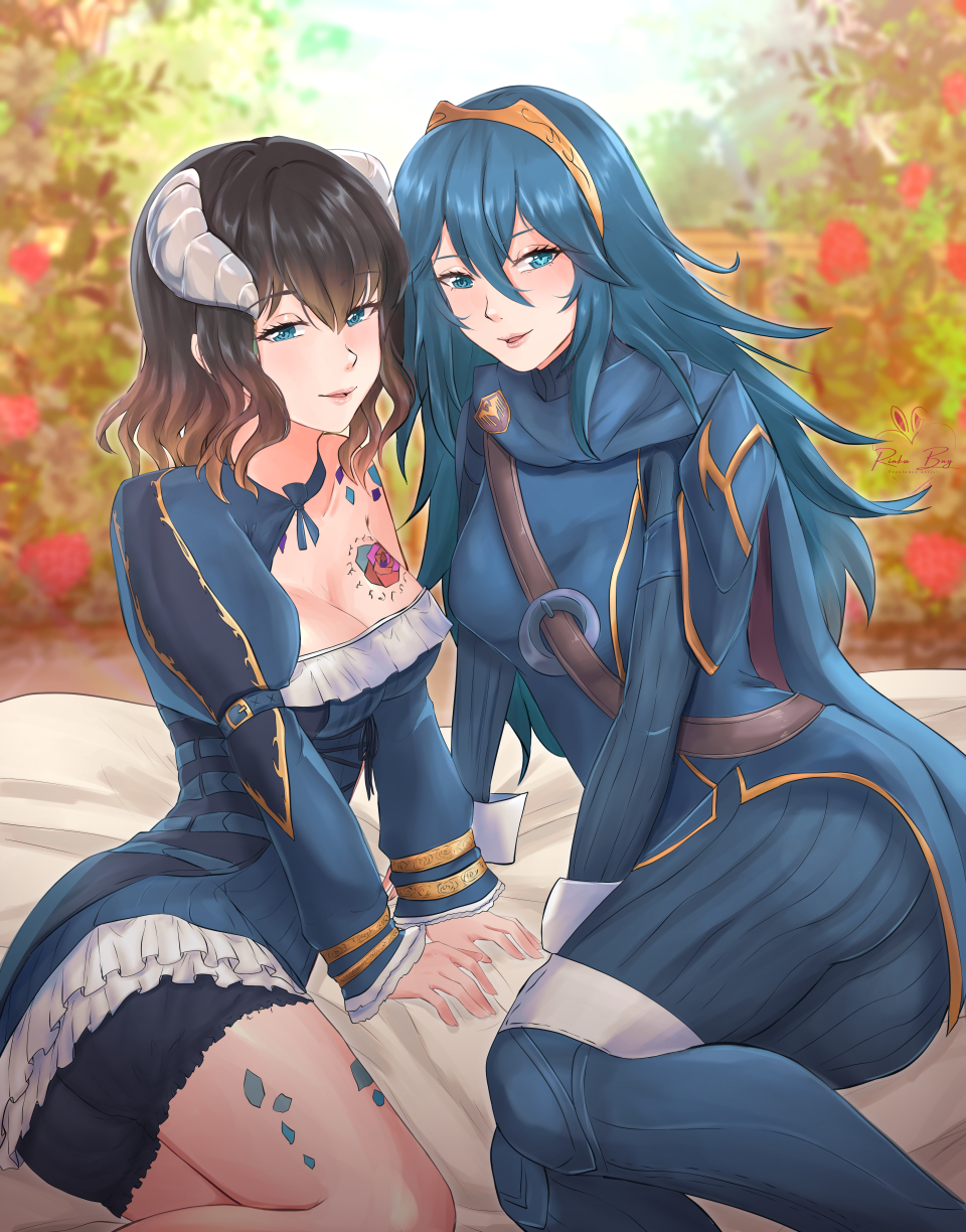 2girls armor ass big_ass bloodstained:_ritual_of_the_night blue_dress blue_eyes blue_hair boots breast_tattoo breasts brown_hair cape cleavage crossover dress female female_only fire_emblem fire_emblem_awakening hair_between_eyes highres horns long_blue_hair long_hair long_sleeves looking_at_viewer lucina_(fire_emblem) medium_breasts medium_hair miriam_(bloodstained) multiple_girls nintendo open_mouth paid_reward_available pantyhose parted_lips rinku_bny short_dark_hair shorts shoulder_armor shoulder_tattoo tattoo thigh_boots tiara