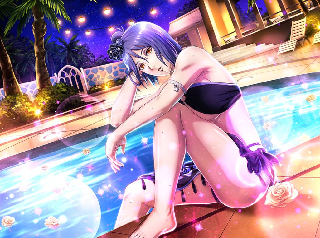 1girls, barefoot, big breasts, bikini, blue hair, breast press, breasts, cleavage, curvaceous, feet, female, konan, looking at viewer, naruto, naruto (series), naruto shippuden, night, official art, orange eyes, pool, poolside, posing, revealing bikini, sitting, skirt, solo, solo focus, swimsuit, underboob, voluptuous