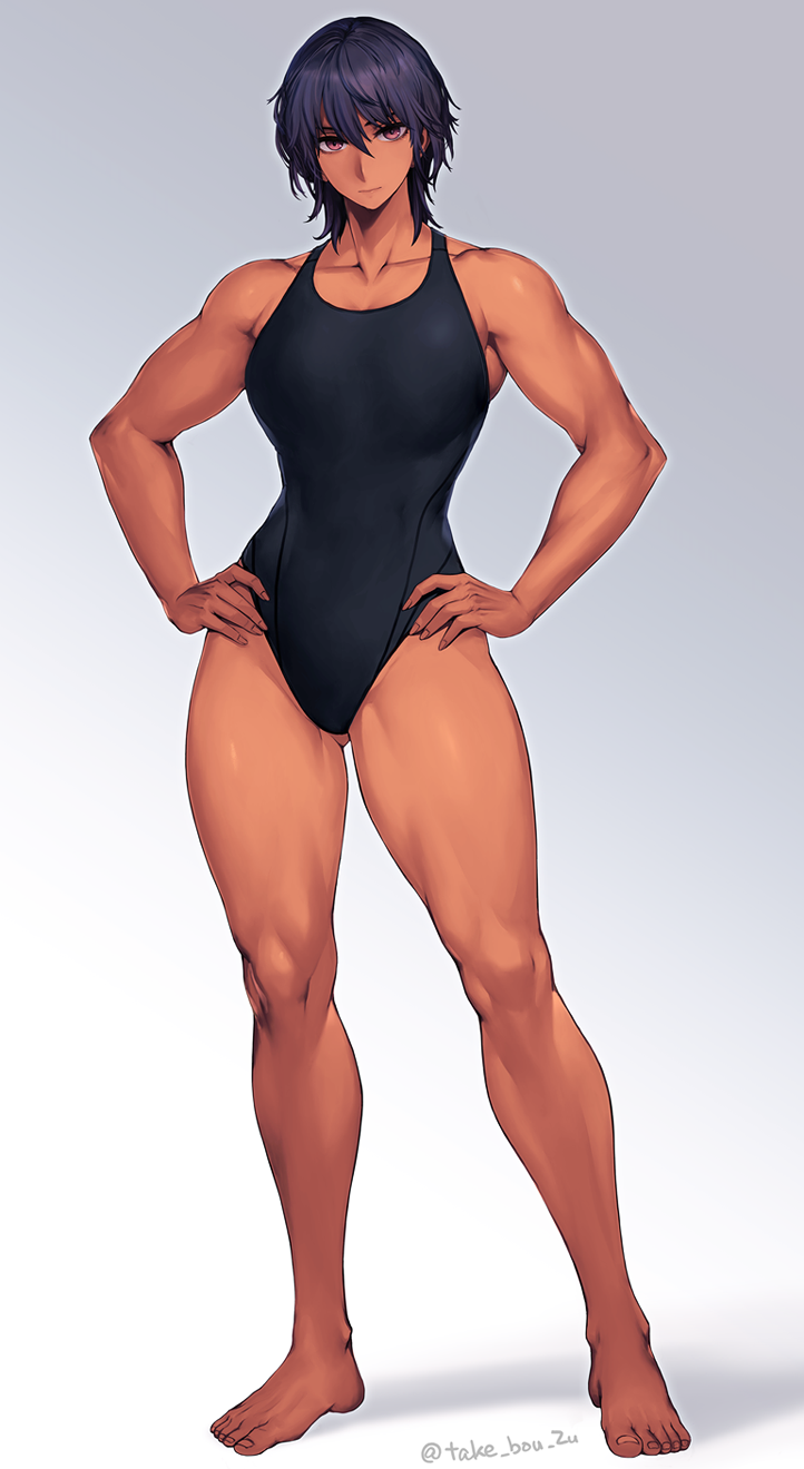 1girls, 2023, athletic, athletic female, bare shoulders, barefoot, black hair, closed mouth, collarbone, competition swimsuit, dark skin, dark-skinned female, female, female focus, female only, full body, gradient background, hair between eyes, hand on own hip, highres, long legs, muscular, muscular female, one-piece swimsuit, original, original character, short hair, solo female, standing, swimsuit, takebouzu, tall female, taller female, tomboy, toned, toned female