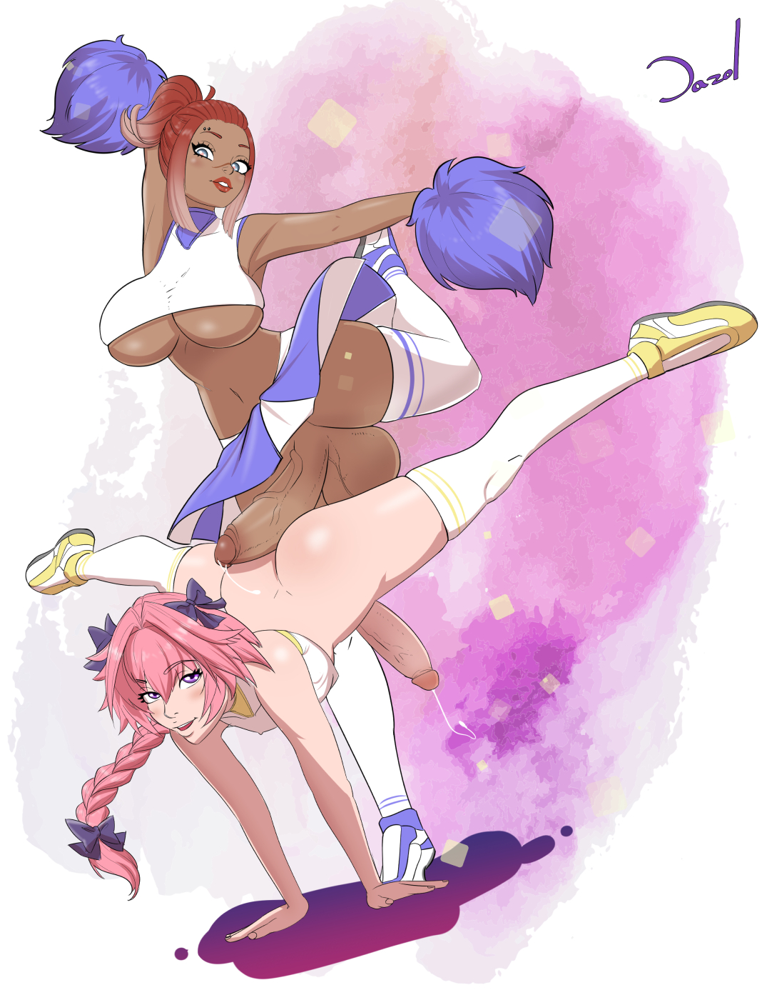 1boy, 1futa, acrobatic, astolfo (fate), balls, big breasts, big penis, bottomless, bowtie, braid, braided hair, braided ponytail, breasts, cheerleader, cheerleader outfit, cheerleader uniform, clothed, clothing, dark skin, dark-skinned futa, dazol, dickgirl, duo, erection, fate (series), fate/apocrypha, fate/grand order, female, femboy, final fantasy, final fantasy xiv, futa is bigger, futa on femboy, futa on male, futadom, futanari, huge balls, huge breasts, huge cock, humanoid, humanoid penis, hung bottom, hyur, intersex, light skin, light-skinned femboy, light-skinned male, lipstick, long hair, looking at viewer, male, mostly clothed, partially clothed, penis, penis on ass, pink hair, pom pom (cheerleading), pom pom (clothes), pom poms, pose, precum, purple eyes, scar, scar on face, short hair, skirt, skirt lift, split form, splits, tagme, thick thighs, thighhighs, toned, toned female, trap, underboob, wide hips