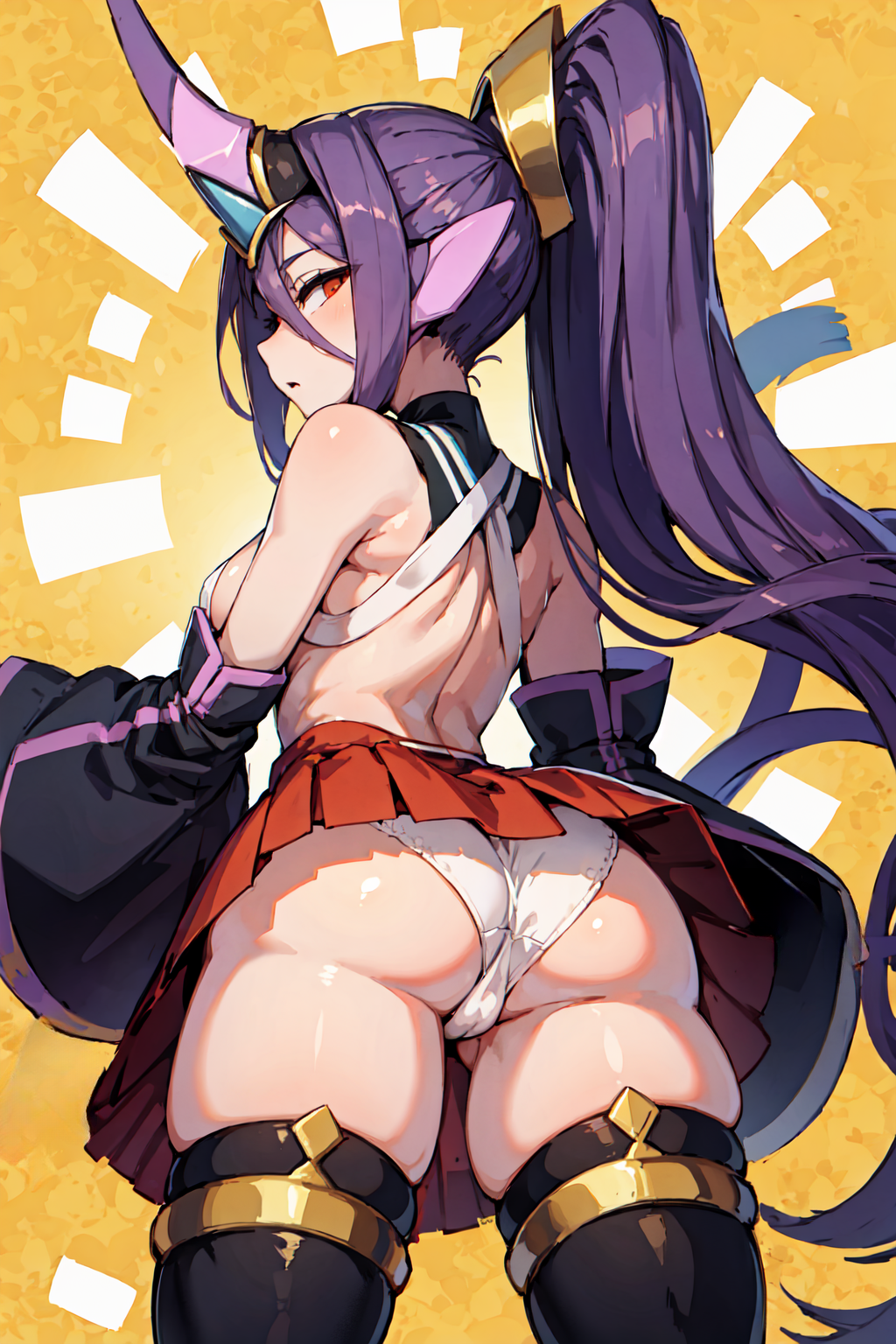 ai_generated arc_system_works ass bare_shoulders blazblue blazblue:_central_fiction blush breasts cameltoe detached_sleeves female from_behind hades_izanami headgear horn long_hair looking_at_viewer looking_back medium_breasts mikado_(blazblue) miniskirt open_mouth panties ponytail purple_hair red_eyes shiny shiny_clothes shiny_hair shiny_skin sideboob skirt solo thick_thighs thighhighs very_long_hair