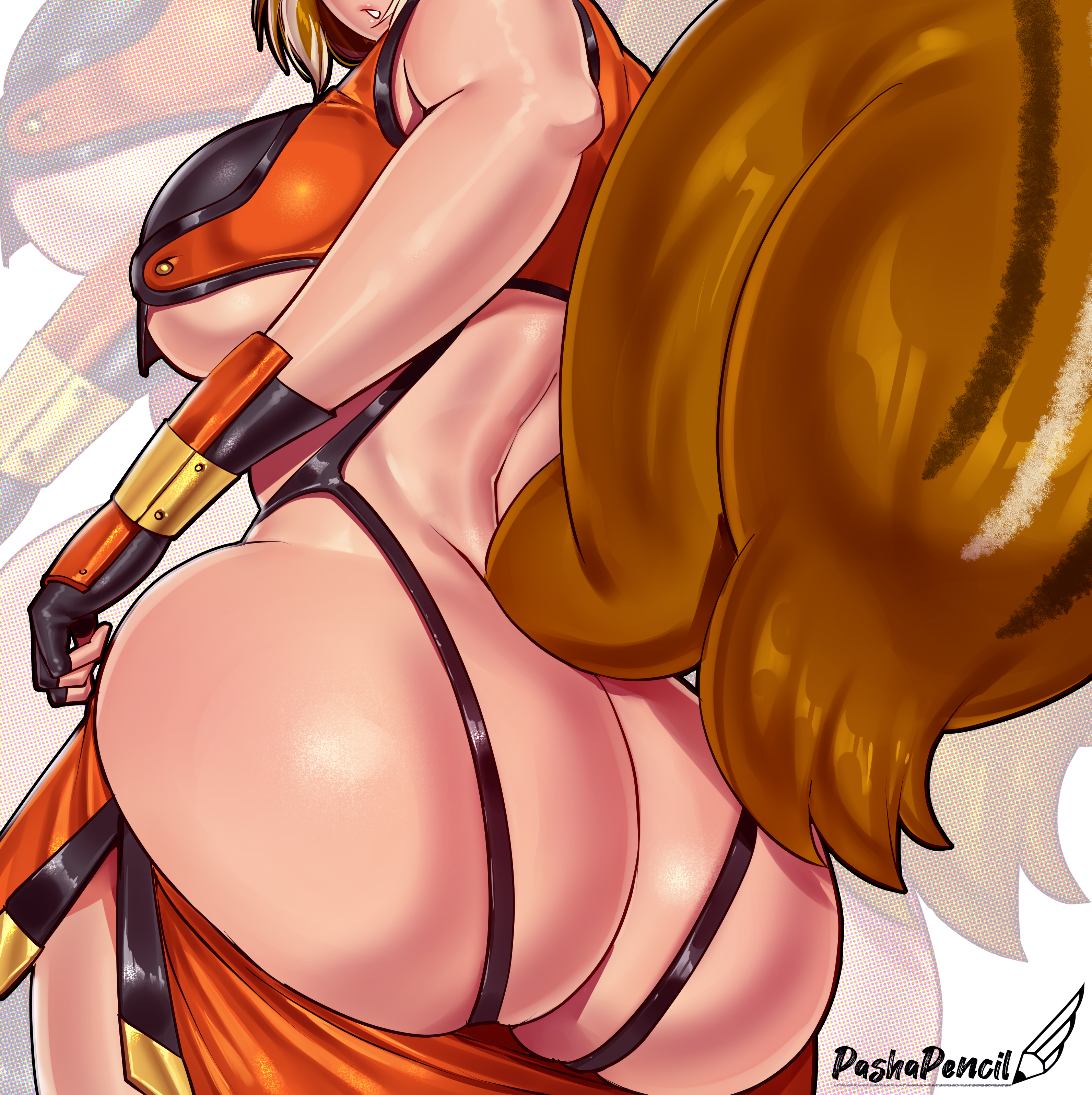 1girls, animal tail, armwear, ass, ass focus, back, back view, big ass, big breasts, blazblue, bottomwear, breasts, brown hair, eyes out of frame, fat ass, female, female only, huge ass, huge breasts, lips, makoto nanaya, pants down, pashapencil, presenting hindquarters, solo, solo female, squirrel tail, tail, topwear
