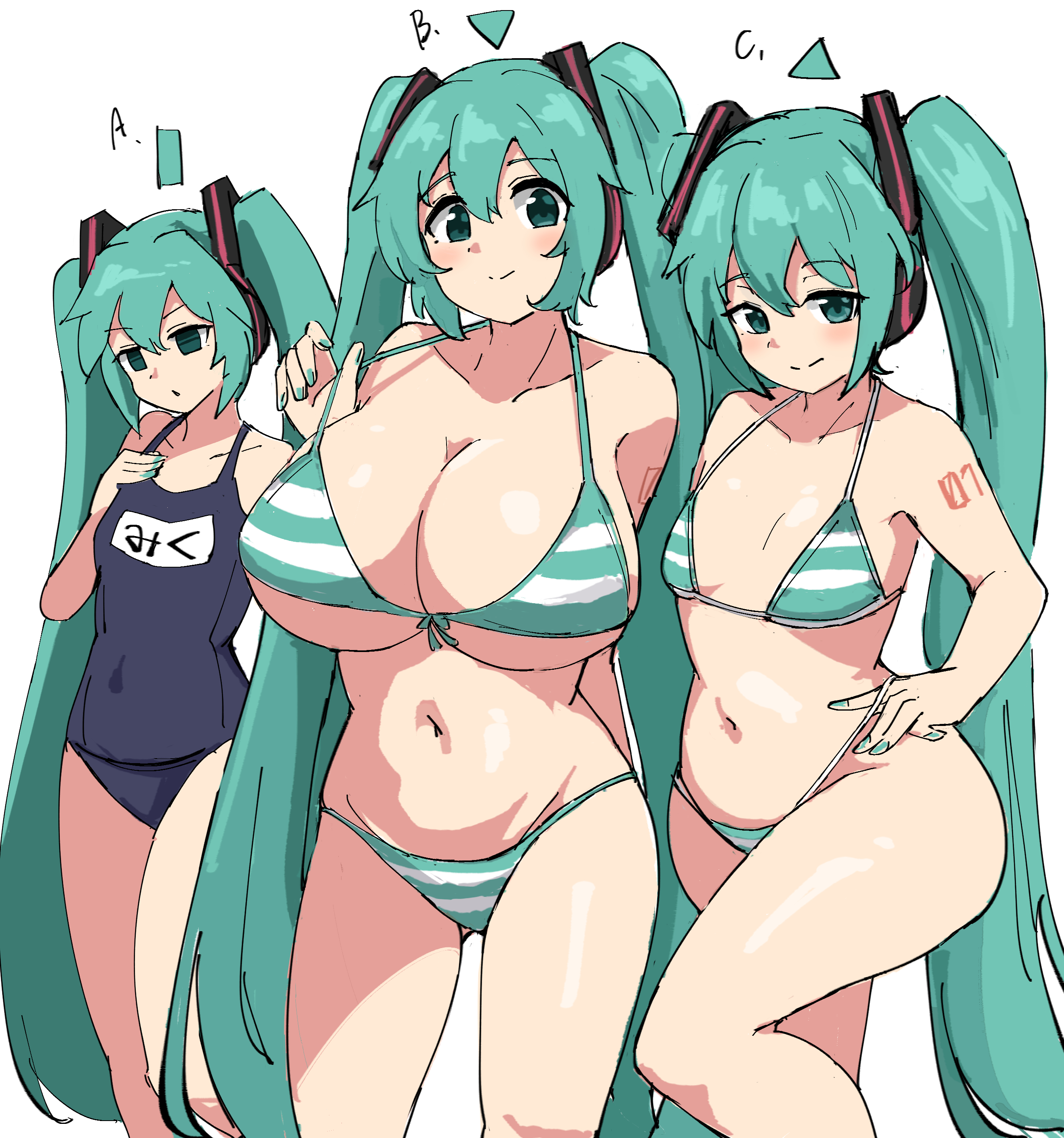 3girls, alternate breast size, aqua eyes, aqua hair, aqua nails, big breasts, bikini, bikini bottom, bikini top, blue hair, blue one-piece swimsuit, breast envy, breasts, cleavage, clone, closed mouth, collarbone, empty eyes, female, flat chest, flat chested, hair between eyes, hand on hip, hatsune miku, headphones, huge breasts, large breasts, long hair, looking at viewer, multiple girls, multiple persona, nail polish, navel, one-piece swimsuit, school swimsuit, simple background, small breasts, smile, standing, striped, striped bikini, swimsuit, tattoo, twintails, very long hair, vocaloid, white background