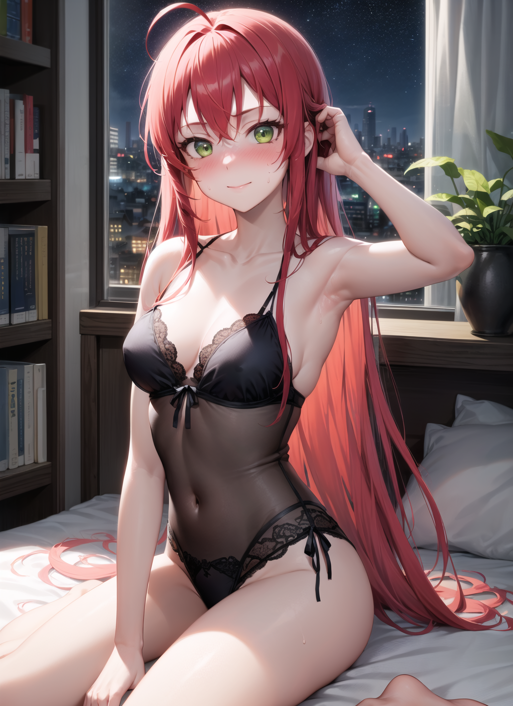 1girls ahoge ai_generated armpits bed belly black_lingerie collarbone female female_only green_eyes hataraku_maou-sama! hi_res highres lingerie long_hair looking_at_viewer navel red_hair sitting sitting_on_bed skyline slim solo thighs touching_own_hair very_long_hair yusa_emi