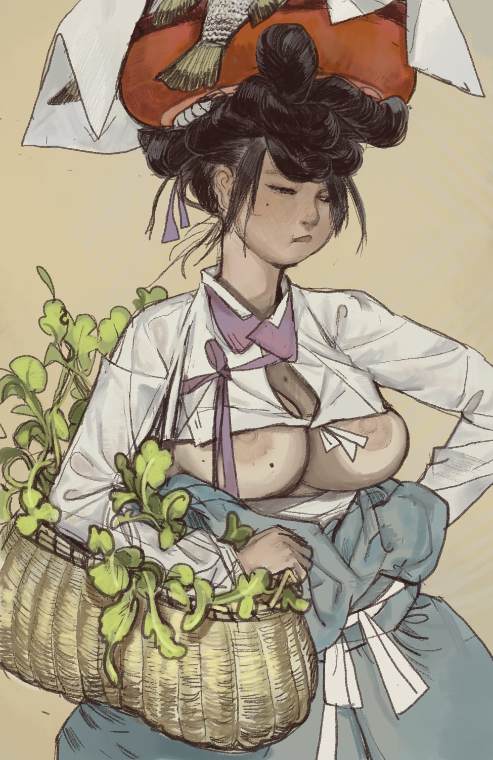 1girls ass basket basket_on_head big_breasts breasts female food hanbok human korean_clothes light-skinned_female light_skin mole mole_on_breast mole_under_eye mossa solo vegetable