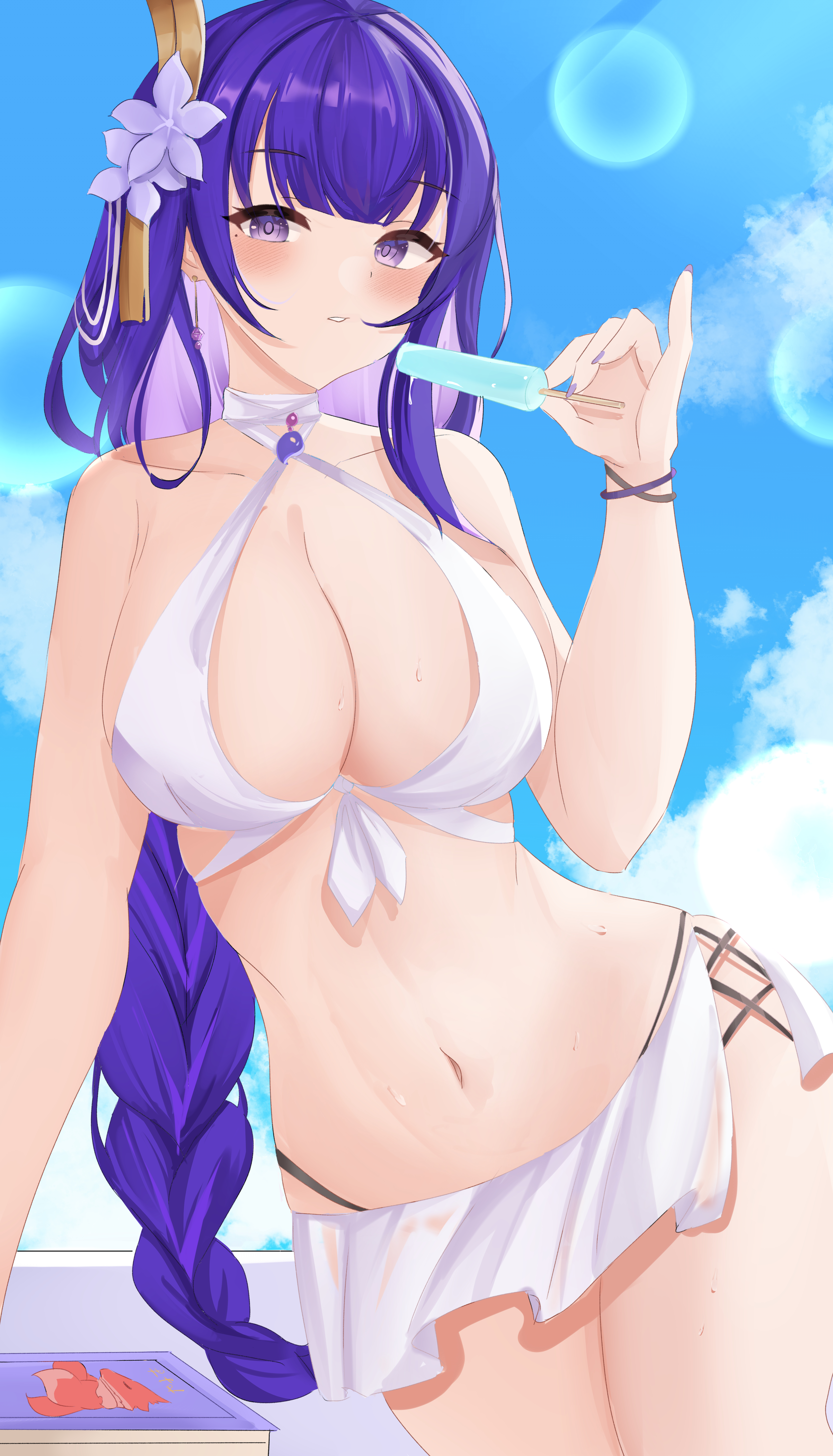 absurdres, bare shoulders, bikini, blue sky, braid, braided ponytail, breasts, cleavage, collarbone, female, flower, food, genshin impact, hair flower, hair ornament, highres, kuro (blackpgmickey), large breasts, long hair, looking at viewer, mole, mole under eye, navel, popsicle, purple eyes, purple hair, raiden shogun, sky, solo, swimsuit, thighs, very long hair, white bikini