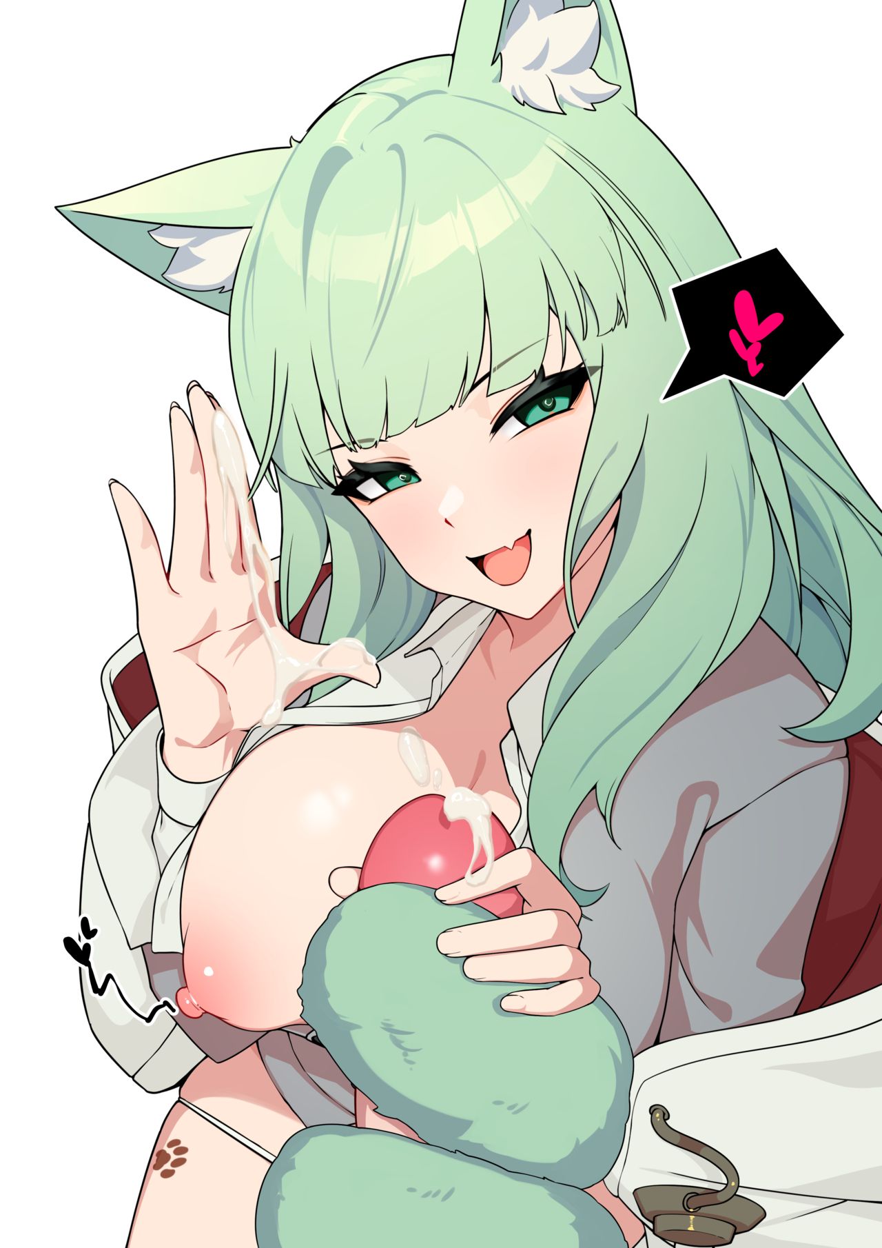 1boy 1girls 2023 animal_ear_fluff animal_ears arknights breasts cat_ears cat_tail catgirl cum ejaculation ett female fluffy_tail green_eyes green_hair harmonie_(arknights) heart hi_res light-skinned_female light_skin long_hair male masturbation nipples nude oerba_yun_fang open_mouth simple_background smile straight tail