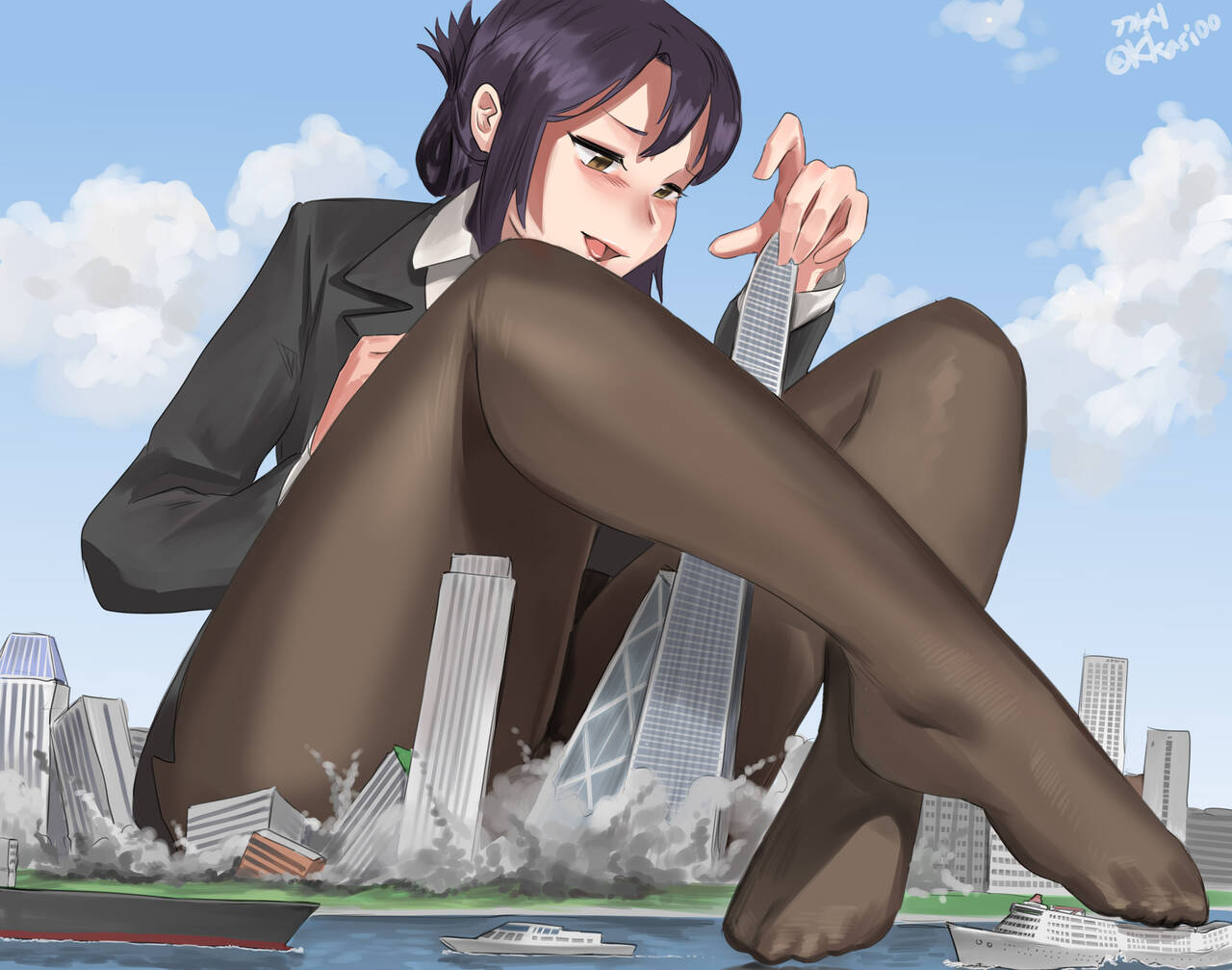 black_pantyhose city clothed_female crush crushed_by_ass destruction feet_in_stockings giant_feet giantess kkasi00 macro office_lady office_uniform pantyhose pencil_skirt purple_hair sitting size_difference skirt yuu_bit-na_(kindaichi109)