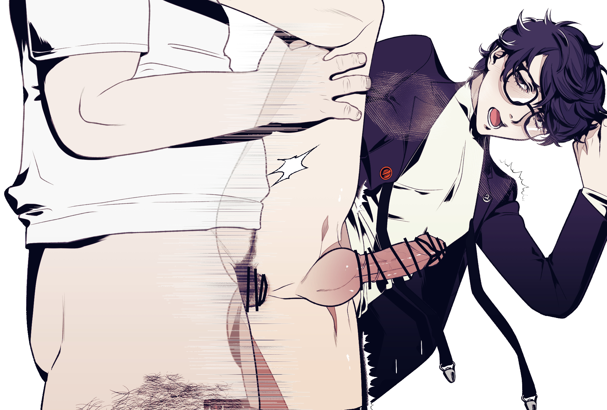 2023, 2boys, action lines, akira kurusu, alternate version available, anal, anal sex, balls, ballsack, bottomless, femboy, gay, glasses, iichico-vw, joker (persona), leg lift, leg up, looking at partner, male, movement lines, no panties, open mouth, persona, persona 5, ren amamiya, sex, simple background, splits, standing, standing sex, standing split, t-square position, testicles, thick thighs, thighs, twink, vertical splits, yaoi