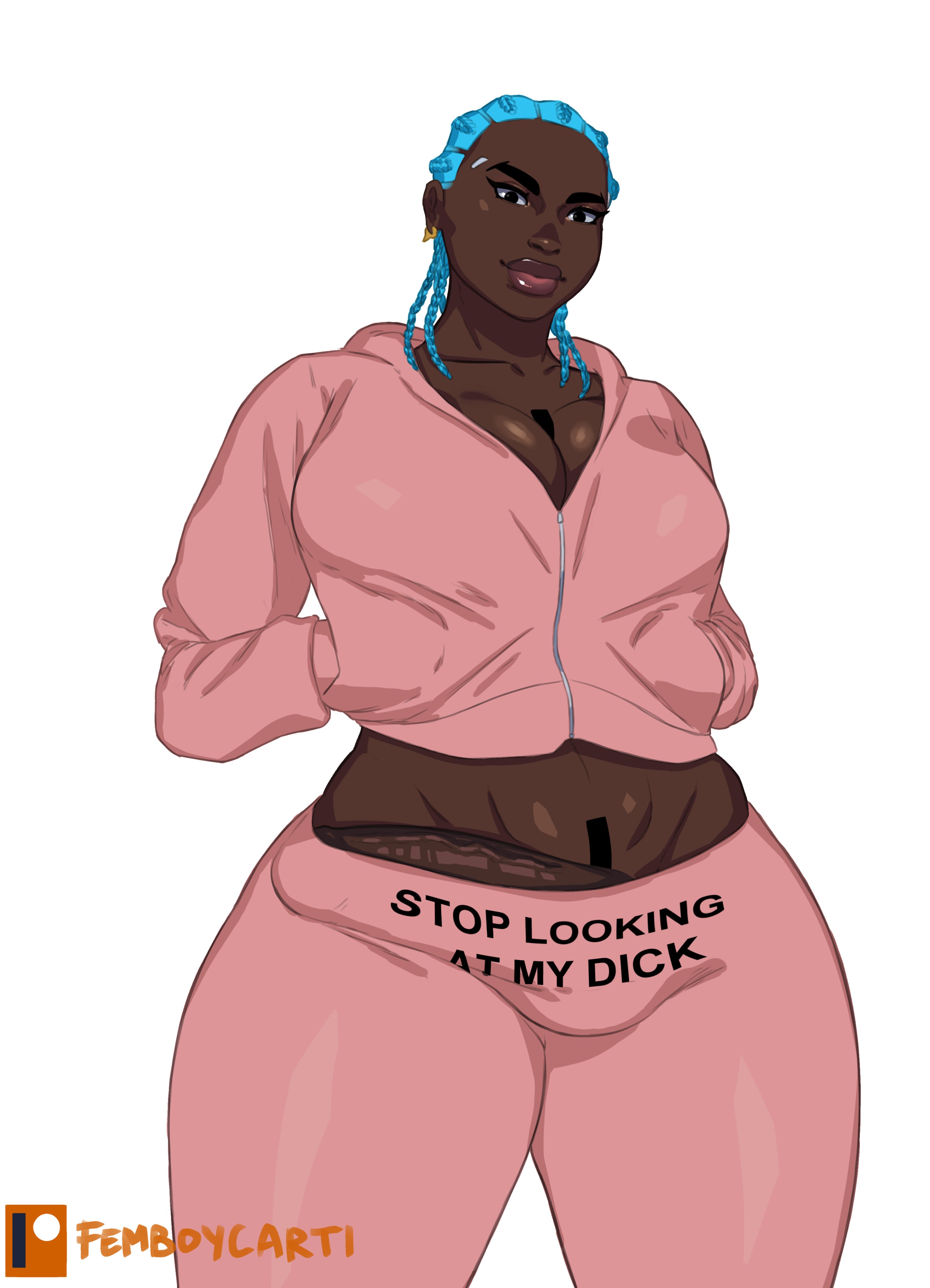 1futa, 2022, akila (femboycarti), big breasts, big penis, blue hair, breasts, bulge, cleavage, clothed, clothing, dark skin, dark-skinned futa, erection, femboycarti, futa only, futanari, human, intersex, mostly clothed, original character, penis, penis peek, short hair, solo, standing, text on clothing, thick thighs, wide hips