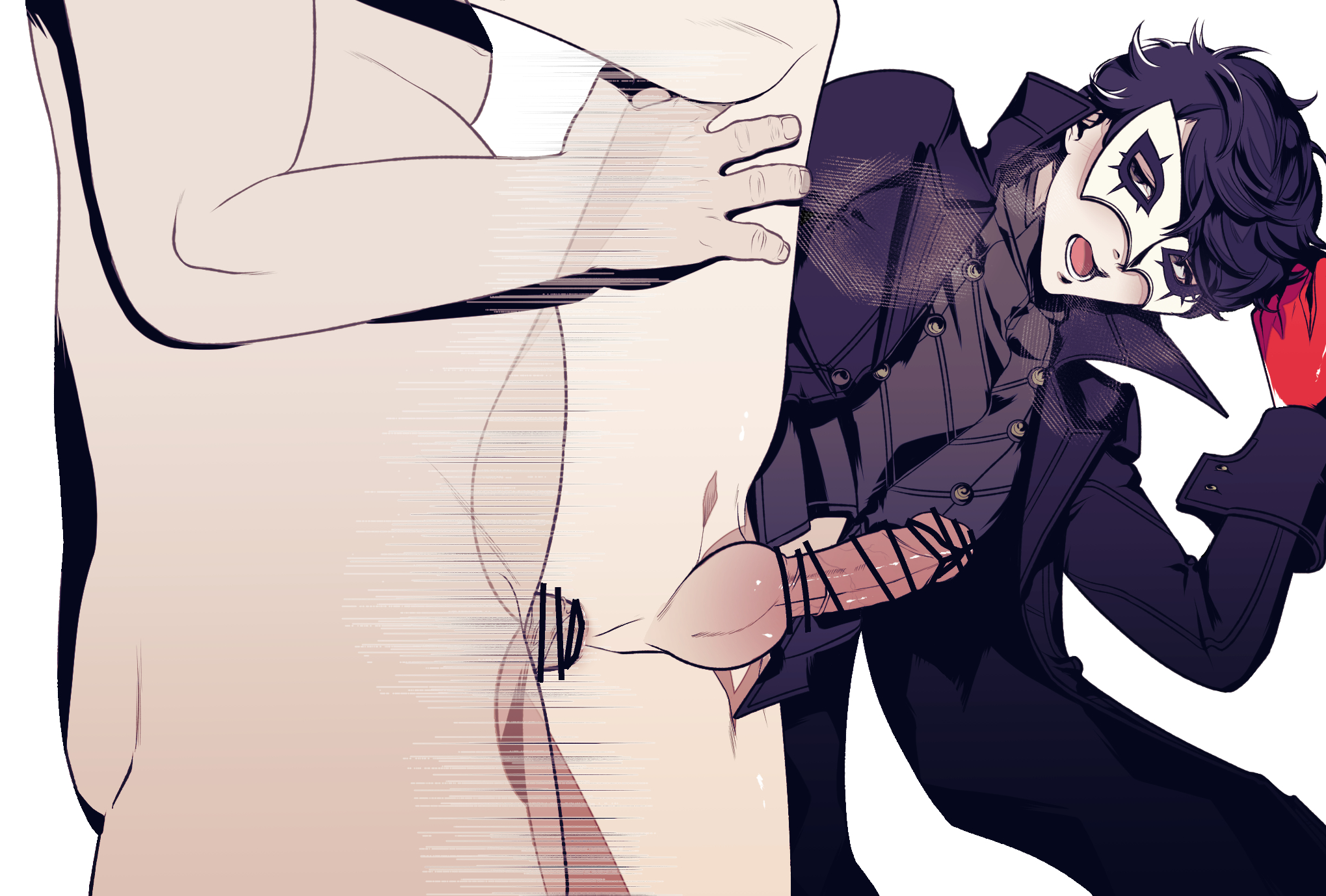 2023, 2boys, action lines, akira kurusu, alternate version available, anal, anal sex, balls, ballsack, bottomless, eye mask, femboy, gay, human, iichico-vw, joker (persona), leg lift, leg up, male, mask, movement lines, no panties, open mouth, pale skin, persona, persona 5, phantom thief suit, ren amamiya, sex, simple background, splits, standing, standing sex, standing split, t-square position, testicles, thick thighs, thighs, twink, vertical splits, yaoi