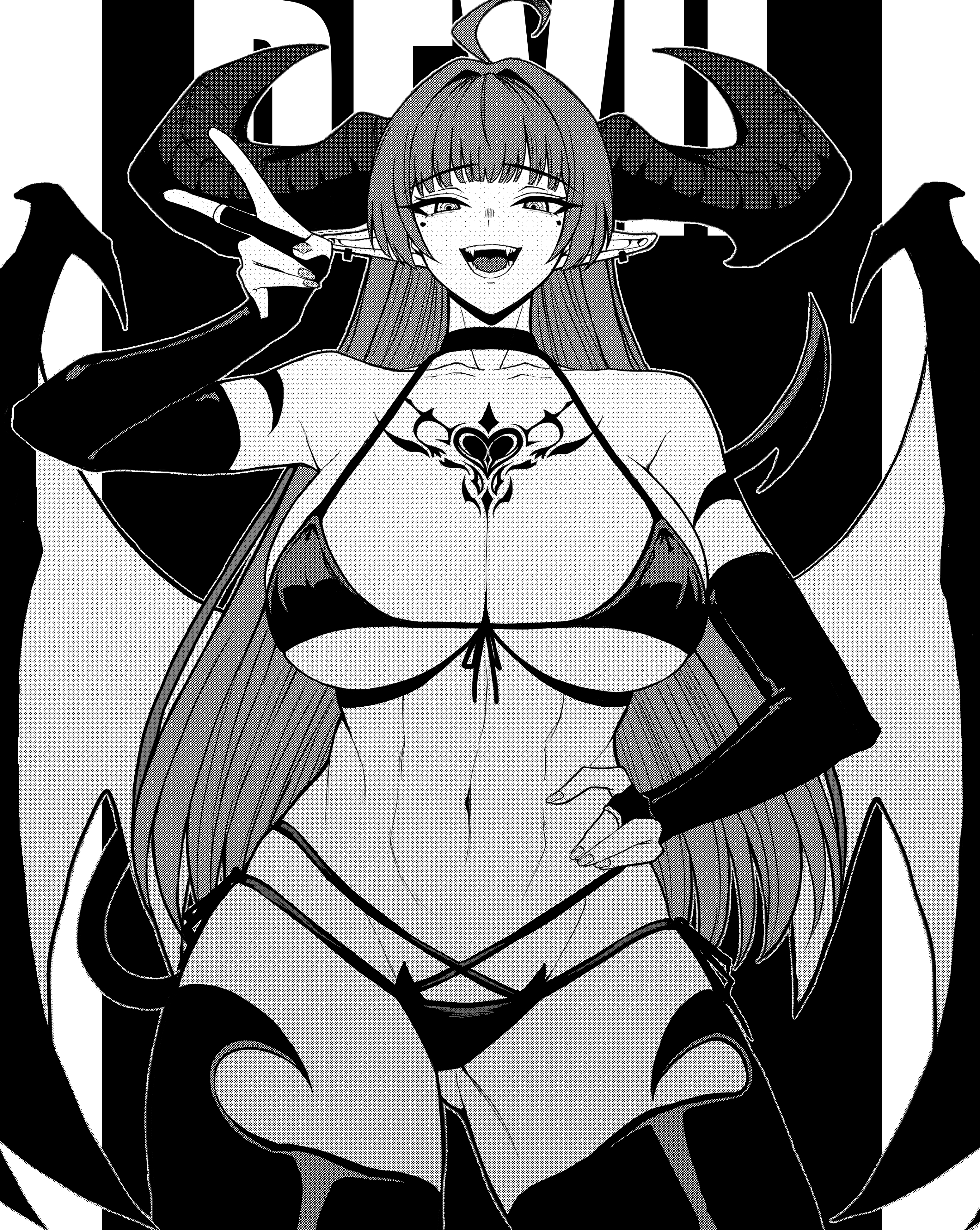 1girls, absurdres, ahoge, ass visible through thighs, bikini, blunt bangs, breasts, bridal gauntlets, chest tattoo, choker, collarbone, cowboy shot, demon, demon girl, demon horns, demon tail, demon wings, fangs, female, female only, greyscale, hand on own hip, heart, highres, horns, large breasts, lilith (yones81239278), long hair, looking at viewer, mole, mole under eye, monochrome, nail polish, navel, open mouth, original, pointy ears, solo, swimsuit, tail, tattoo, teeth, thighhighs, tongue, v, wings, yones81239278